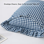 Navy Blue/White Plaid Pillow Shams Standard Size Set Of 2,Shabby Checkered Ruffle Pillow Cover Washed Cotton Pillowcases 20''X26
