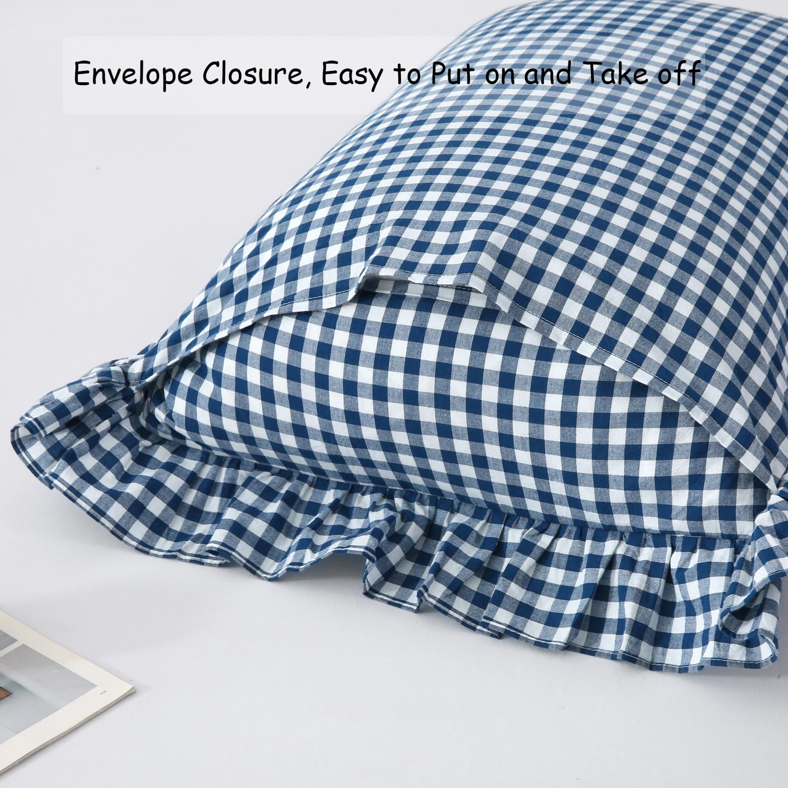Navy Blue/White Plaid Pillow Shams Standard Size Set Of 2,Shabby Checkered Ruffle Pillow Cover Washed Cotton Pillowcases 20''X26