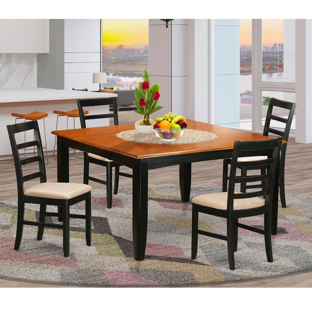 East West Furniture Parfait 5 Piece Set Includes a Square Dining Table with Butterfly Leaf and 4 Linen Fabric Kitchen Room Chairs, 54x54 Inch, Black & Cherry