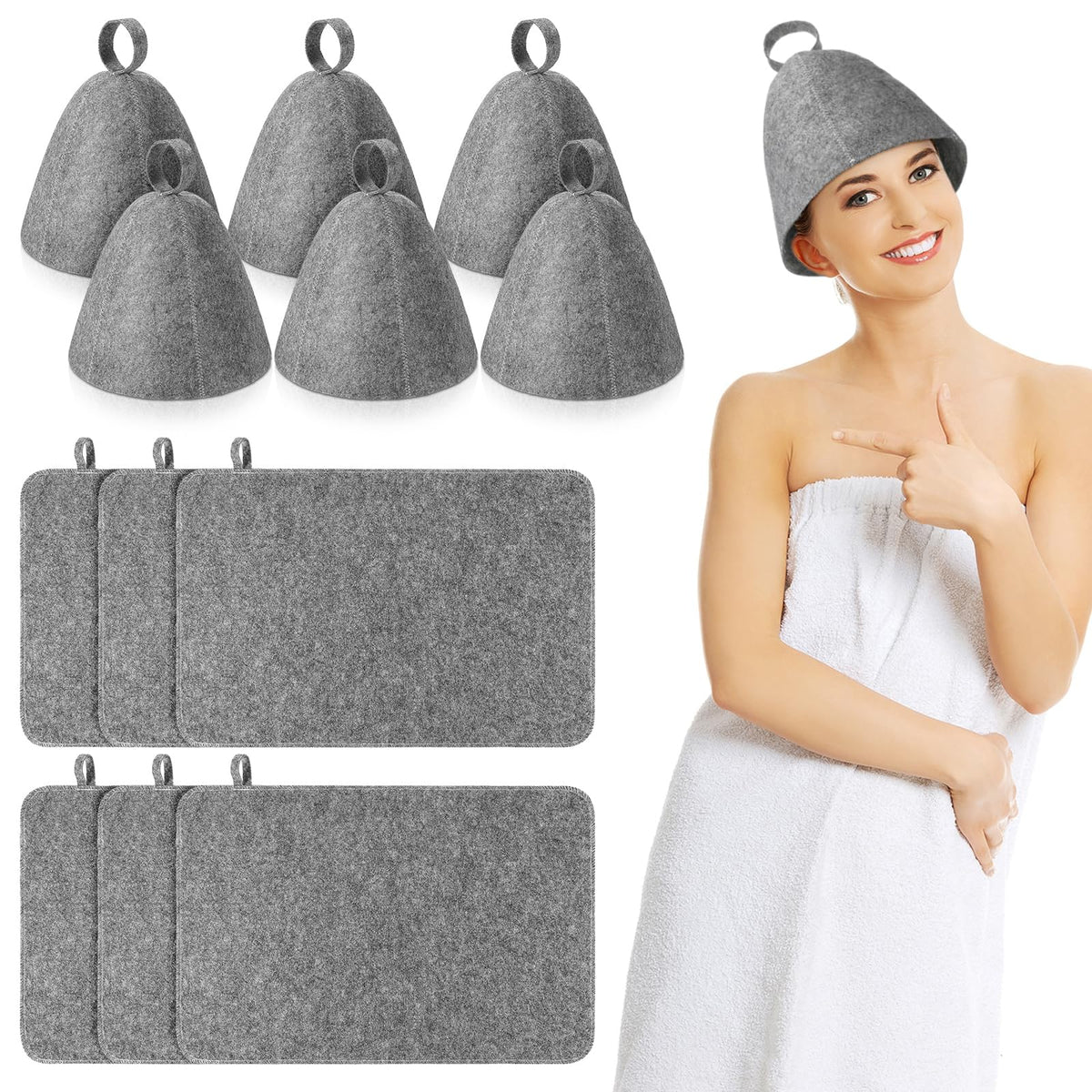 Jiuguva 12 Pieces Sauna Accessories 6 Pieces Felt Sauna Hat 6 Pieces Banya Heat Insulation Sauna Mat Absorbent Head Protection V