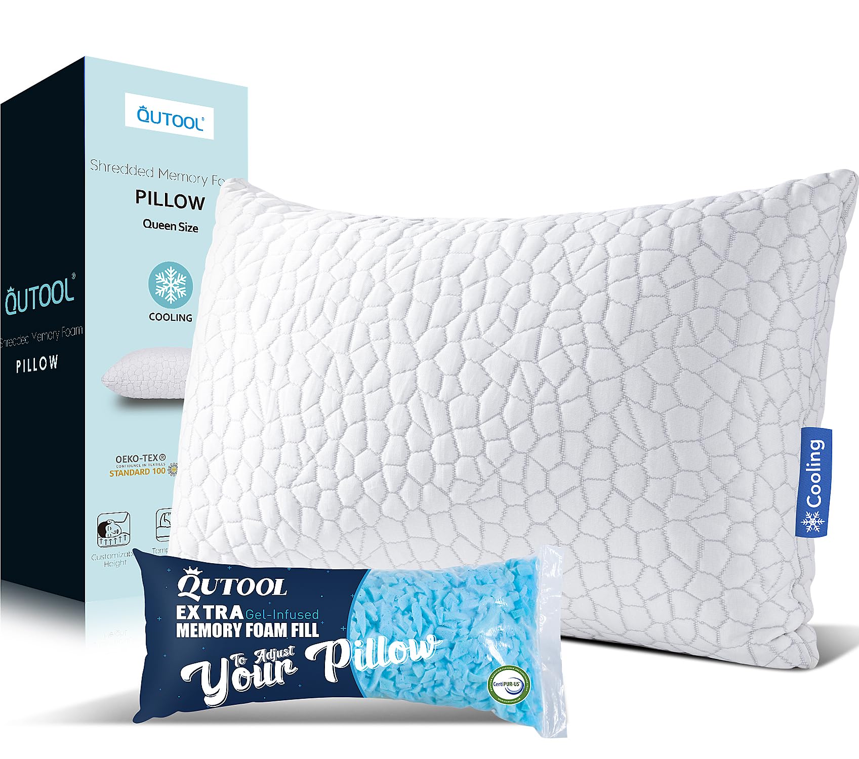 Qutool Shredded Memory Foam Pillows For Sleeping Cooling Bamboo Pillow With Adjustable Loft Bed Pillows For Side And Back Sleepe