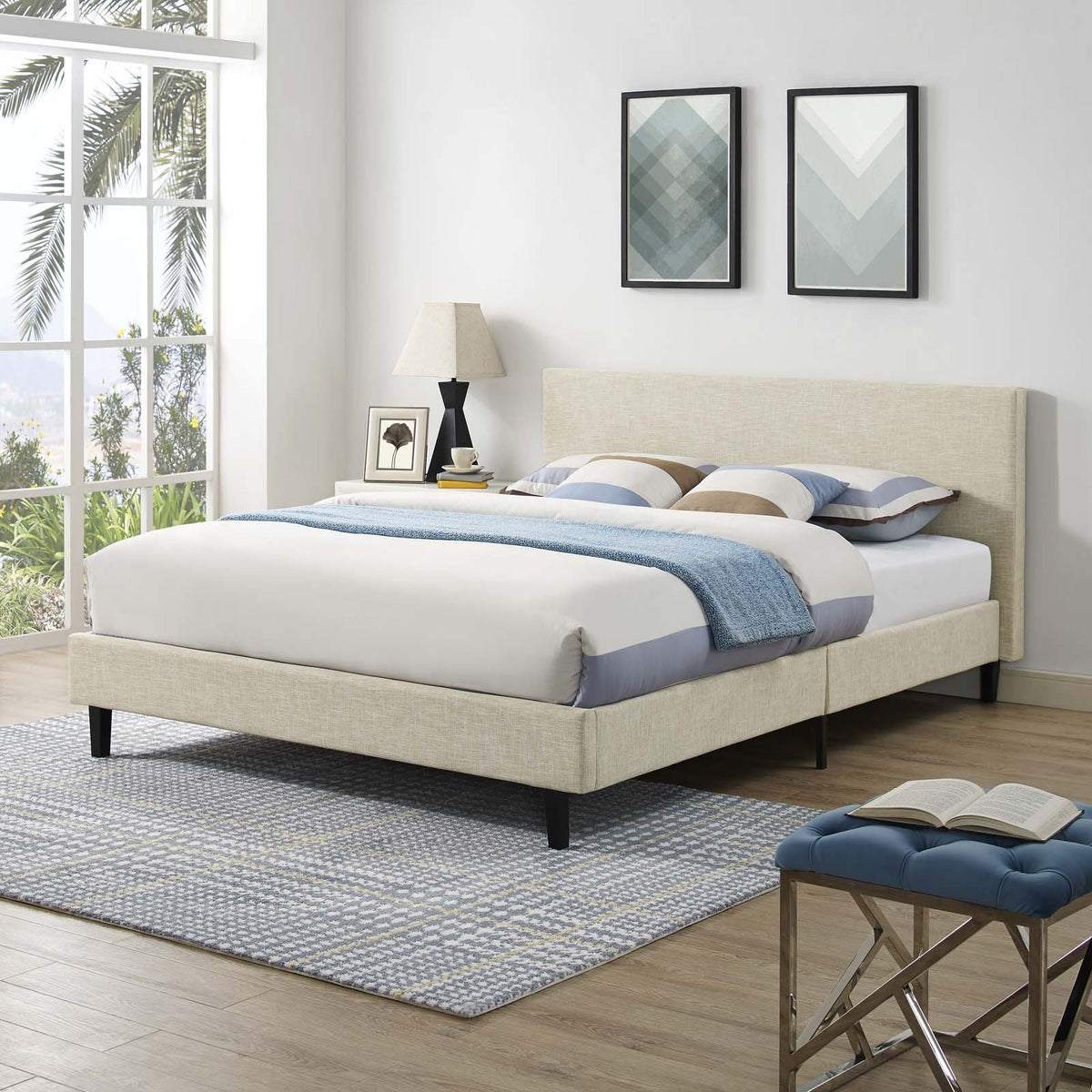 Modway Anya Upholstered Beige Full Platform Bed With Wood Slat Support