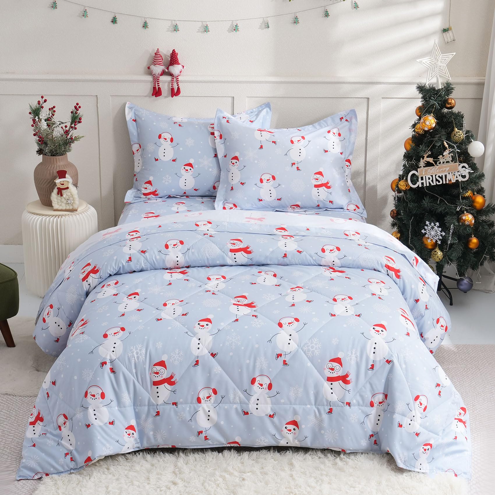 Jsd Blue Snowman Kids Comforter Set Queen Size, 3 Pc Christmas Winter Printed Microfiber Bedding Set For Boys Girls Teens