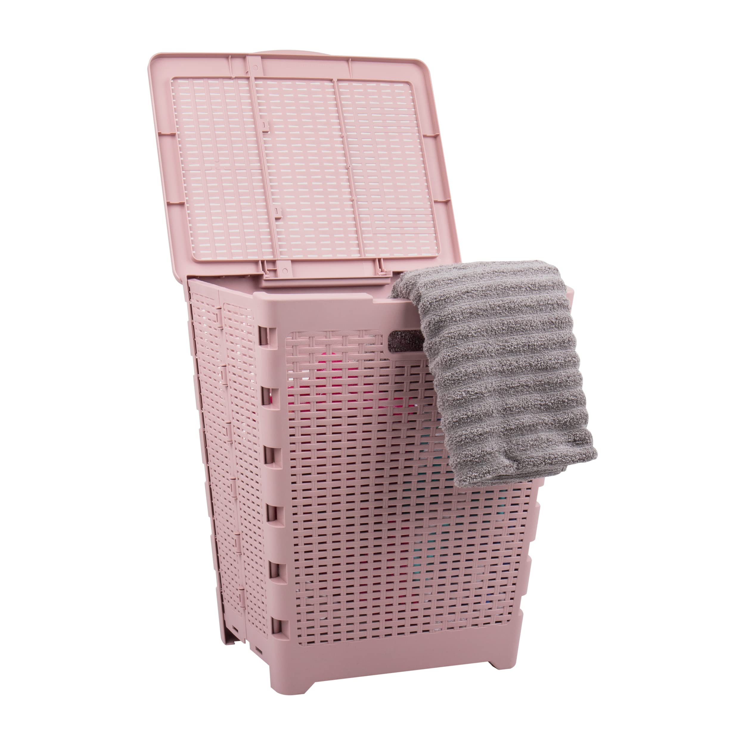 Mind Reader 61L Foldable Laundry Hamper, Clothes Basket, Lid, Wicker Design, Plastic, 18''L x 14.5''W x 21.25''H, Pink