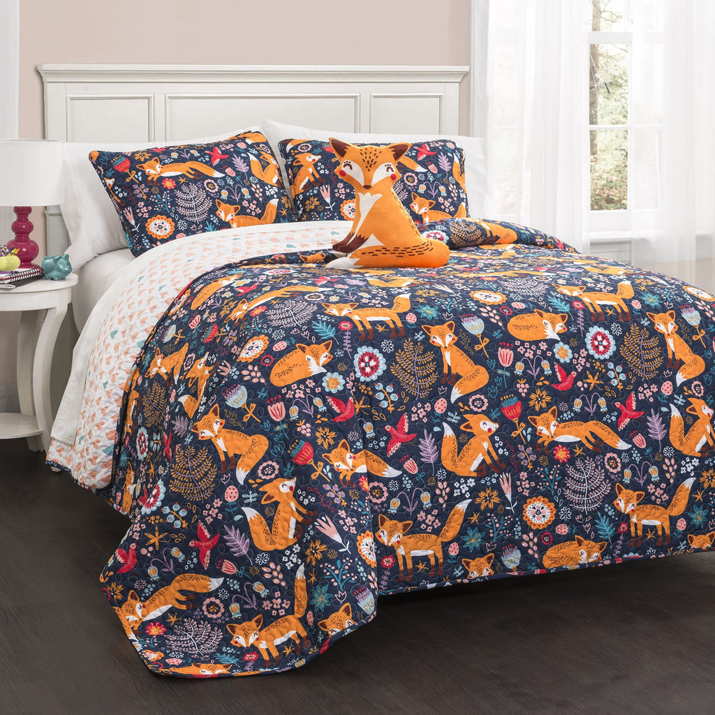 Lush Decor Pixie Fox Reversible Quilt Set, 4 Piece Set, Full/ Queen, Navy & Orange - Bedding Sets For Girls - Whimsical Quilt Fo