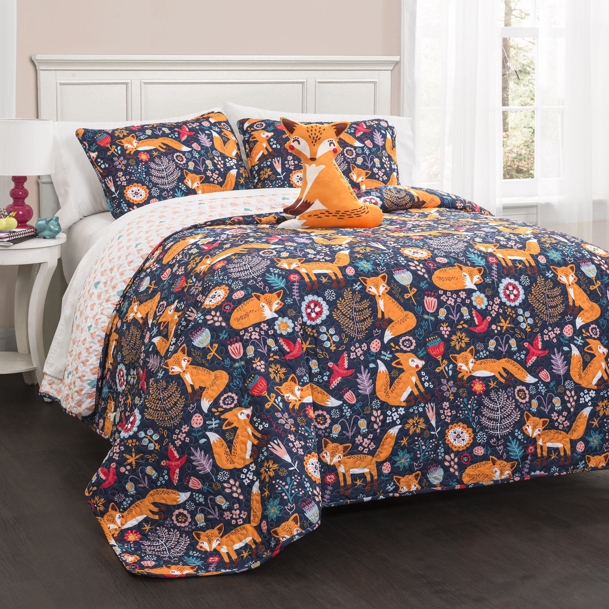 Lush Decor Pixie Fox Reversible Quilt Set, 4 Piece Set, Full/ Queen, Navy & Orange - Bedding Sets For Girls - Whimsical Quilt Fo