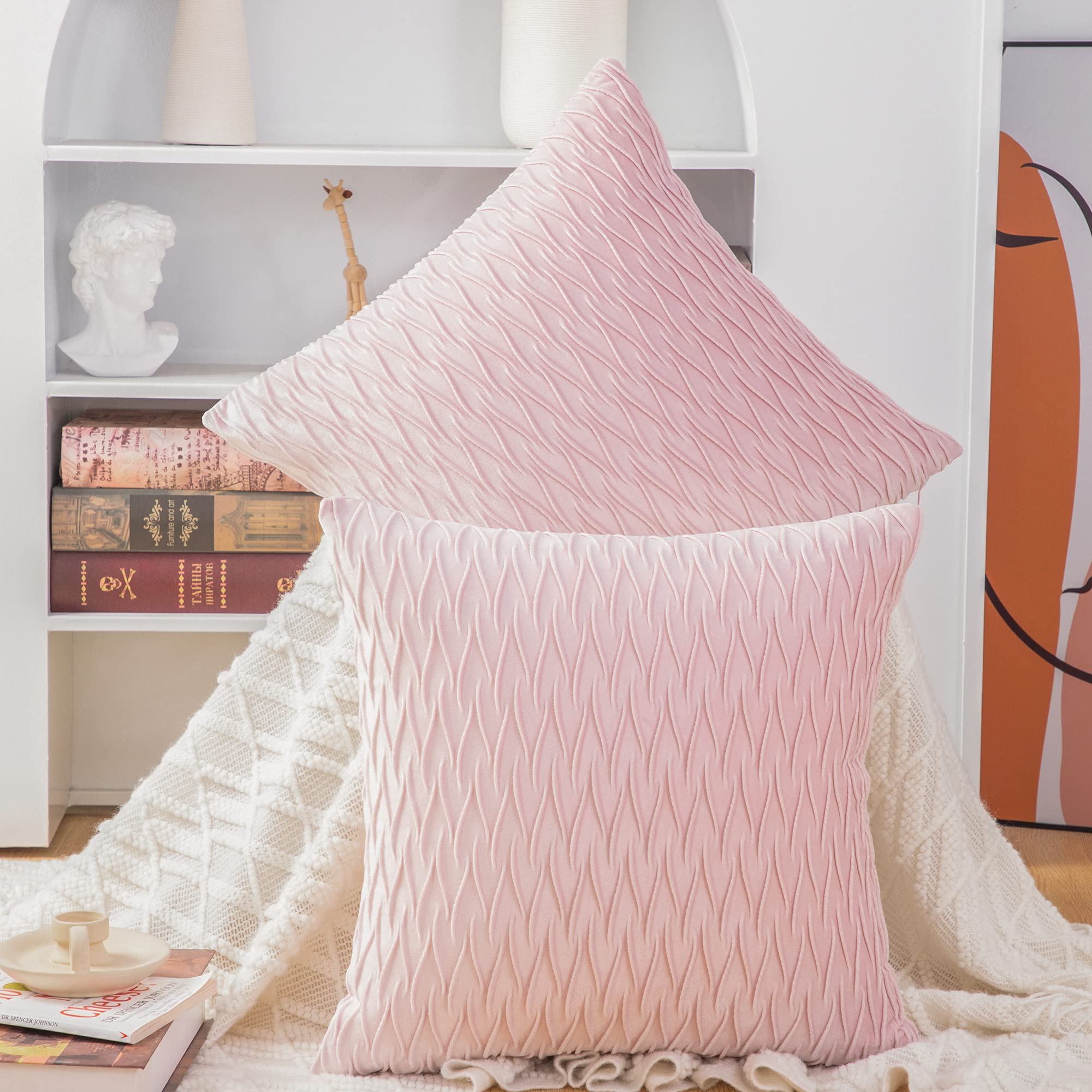 Madizz Set Of 2 Super Soft Velvet Decorative Throw Pillow Covers 16X16 Inch Light Pink Square With Texture Luxury Style Cushion