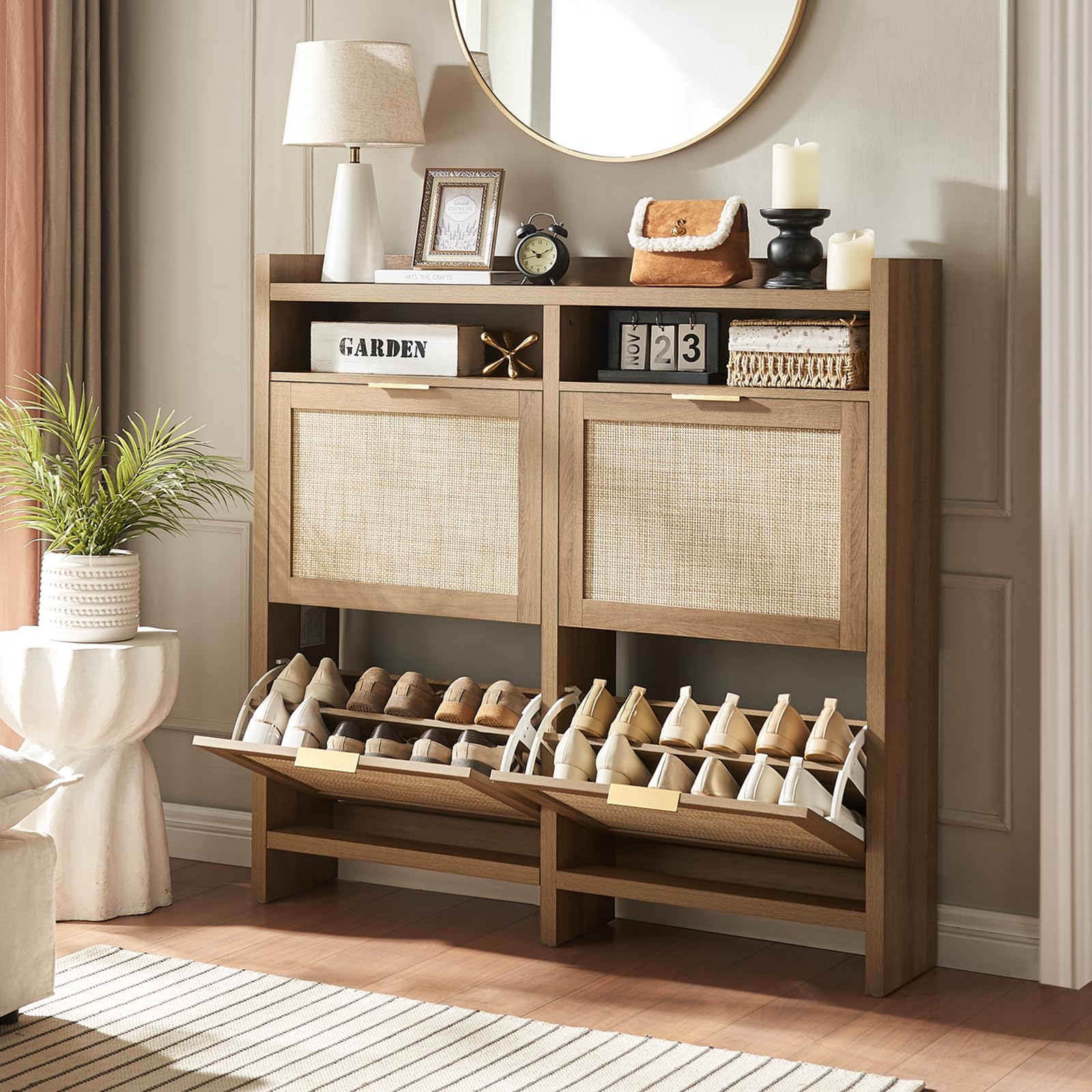 HOKYHOKY Large Rattan Shoe Storage Cabinet with 4 Flip Drawers & 2 Open Storages - Hidden Slim Shoe Organizer for Entryway, Larg