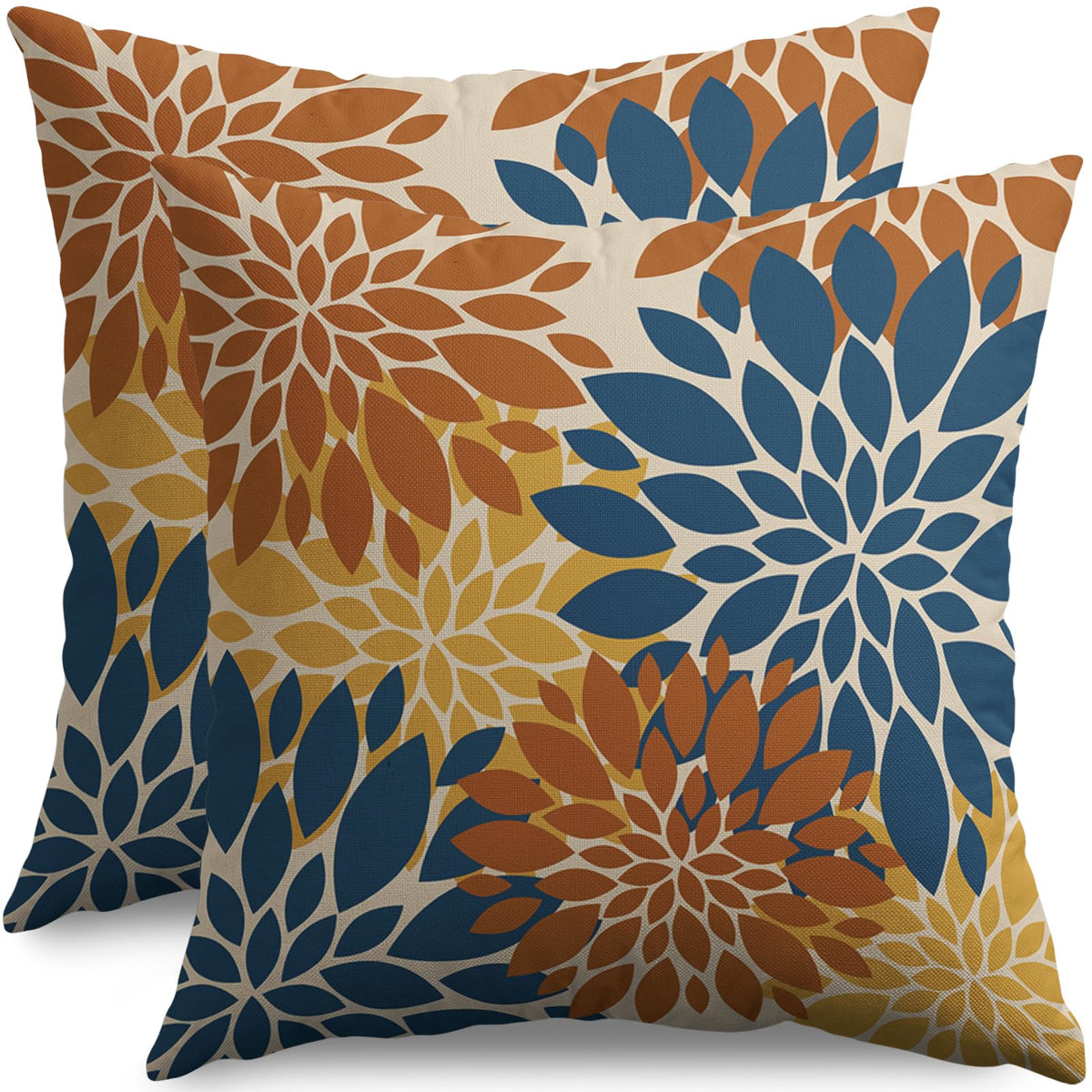 Smozenith Blue Orange Yellow Pillow Covers 18X18 Inch Set Of 2, Fall Colored Modern Geometry Dahlia Floral Print Decorative Thro