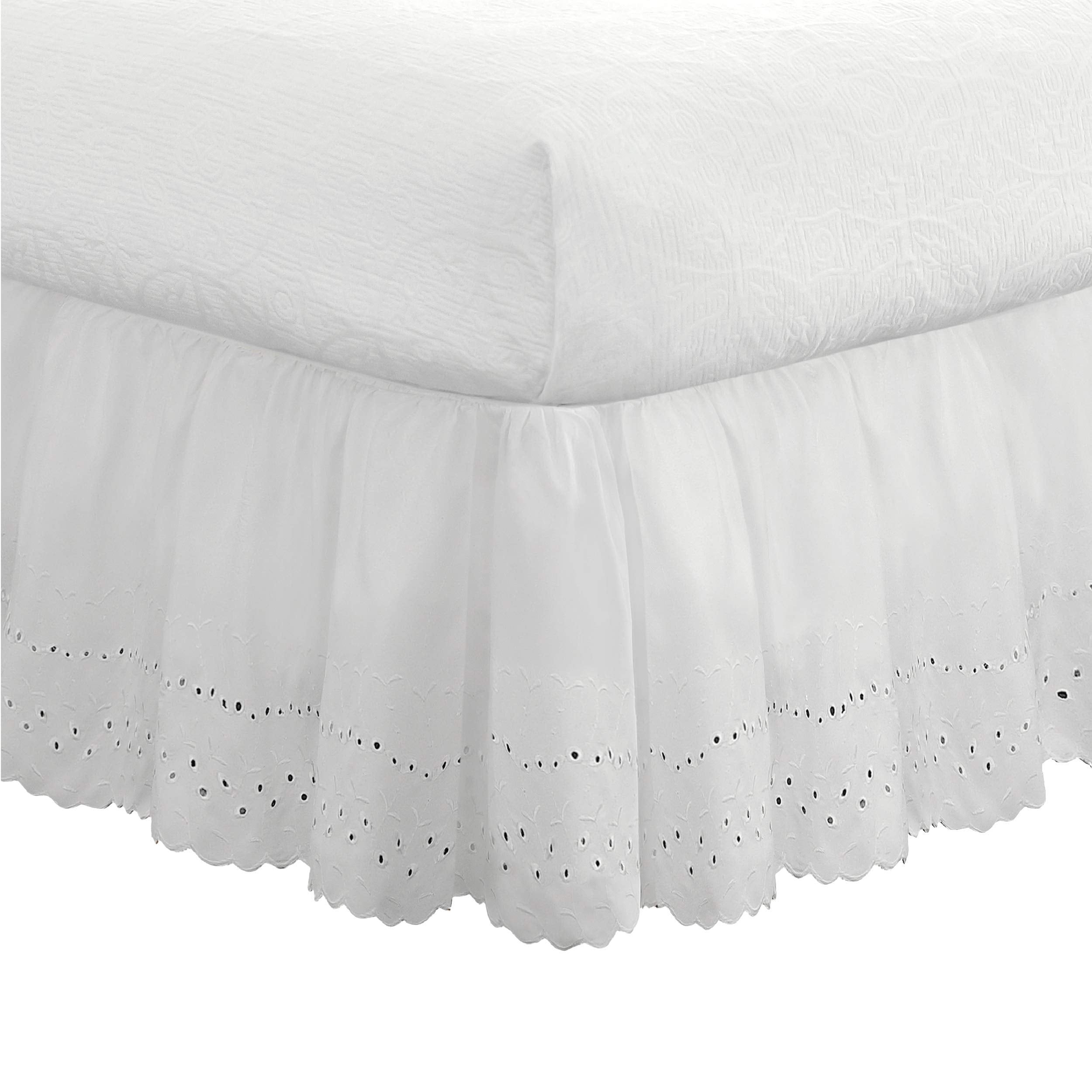 FRESH IDEAS Ideas Ruffled Eyelet Bed Skirt Dust Ruffle with Gathered Styling and Embroidered Details, 18 Drop Length, Queen, Whi