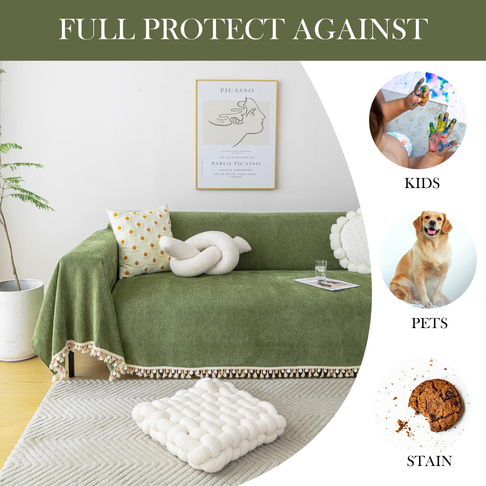 Handontime Green Sofa Cover Vintage Couch Cover For Dogs 71' X134' Couch Cushion Covers With Tassel Herringbone Sofa Cover Boho Sofa Covers For 3 Cushion Couch Chenille Soft Loveseat Sofa Covers