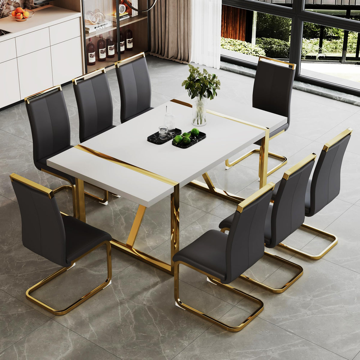 Ebullient White Dining Table Set For 8,Rectangular Mdf Kitchen Table And Leather Dining Chairs Set Of 8, 9 Piece Dining Room Tab