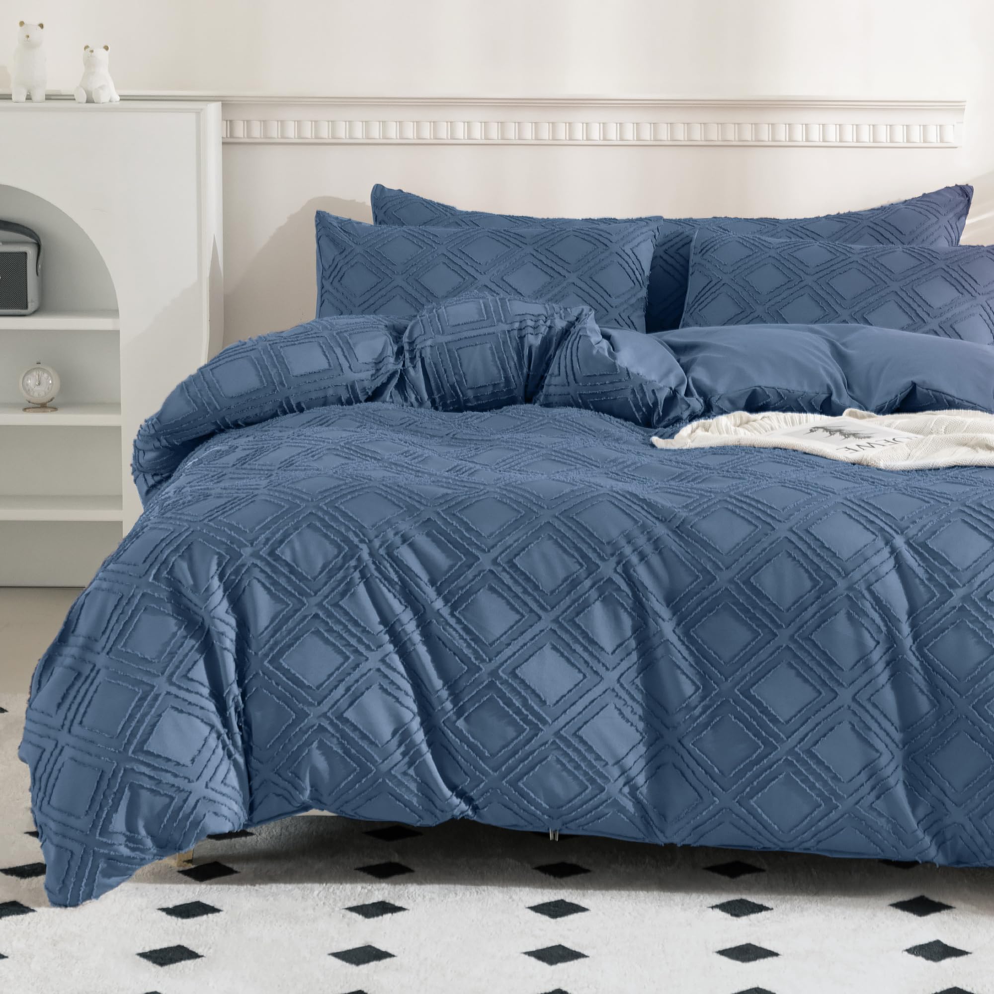 Jellymoni Blue Duvet Cover Full Size - 3 Pcs Microfiber Tufted Duvet Cover Set, Boho Textured Duvet Cover Jacquard Rhombus Geome