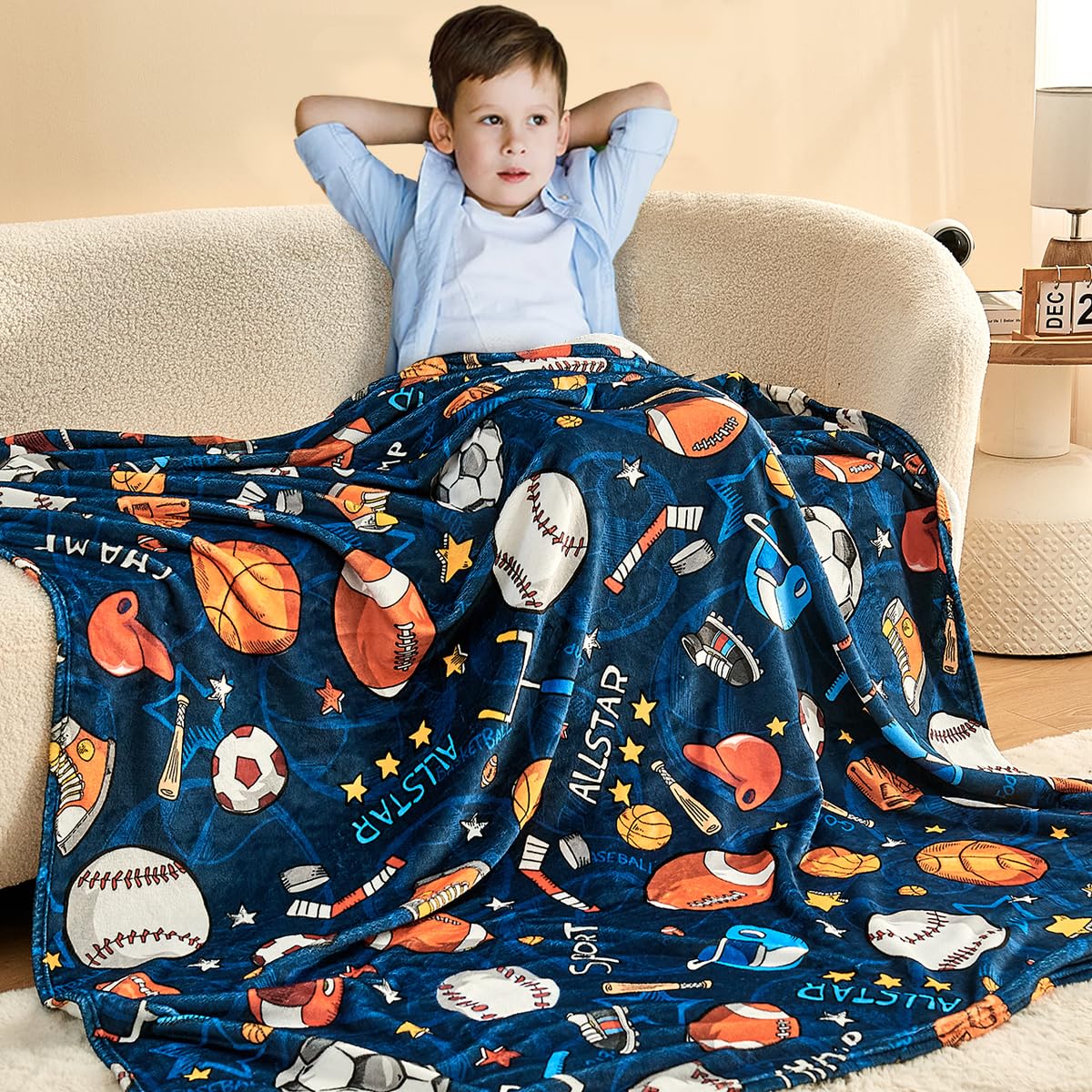Wajade Sports Blanket For Boys,Soft Fleece 3D Soccer Basketball Baseball Football Kids Blanket For Couch Sofa Bedroom, Fuzzy Bla