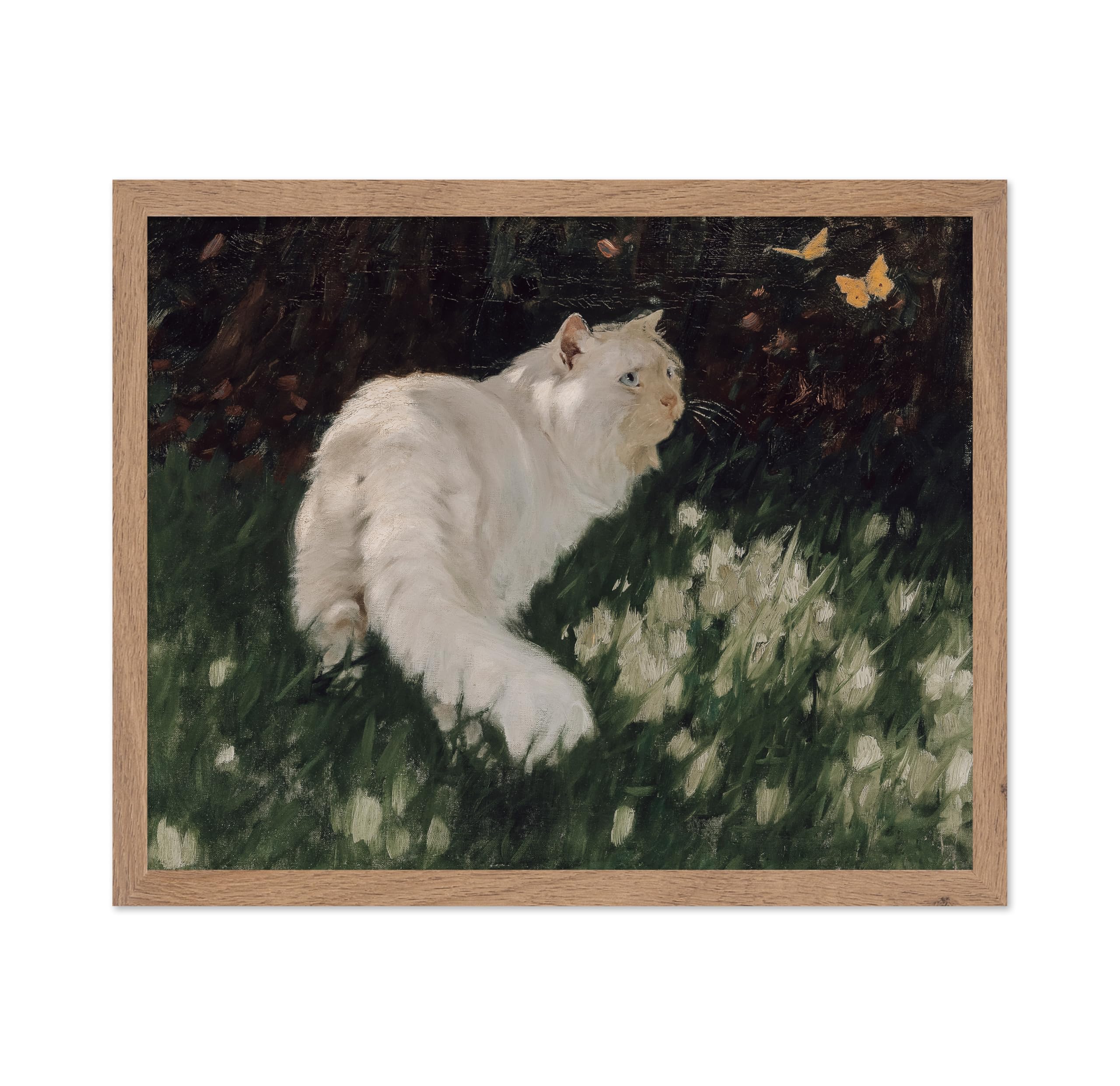 Poster Master Vintage White Cat and Butterflies Poster - Retro Cat Print - Fine Art - Butterfly Art - Gift for Men, Women & Anim