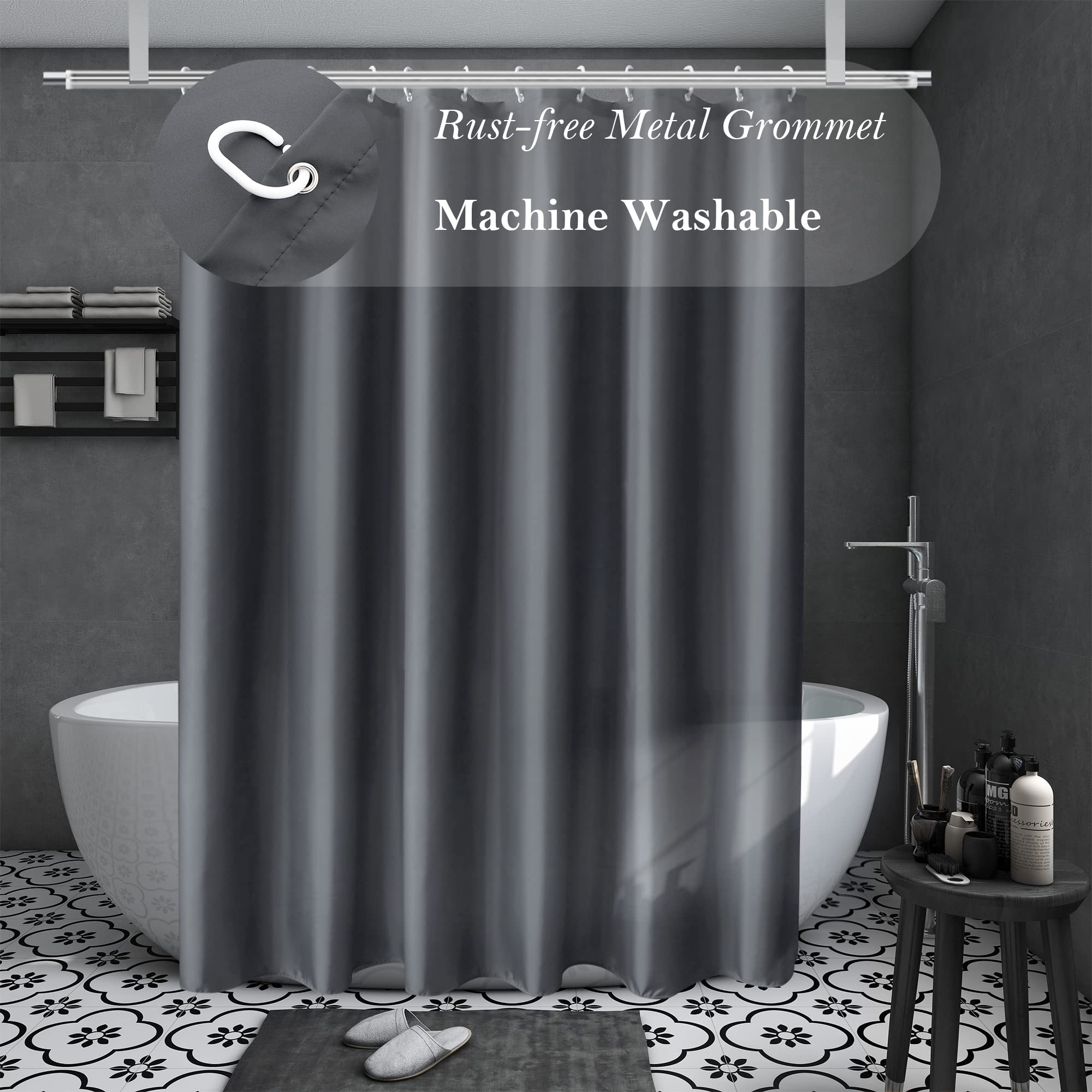 Aoohome Standard Shower Liner, Solid Polyester Fabric Solid Shower Curtain Liner For Hotel With Hooks, Water Repellent, Weighted