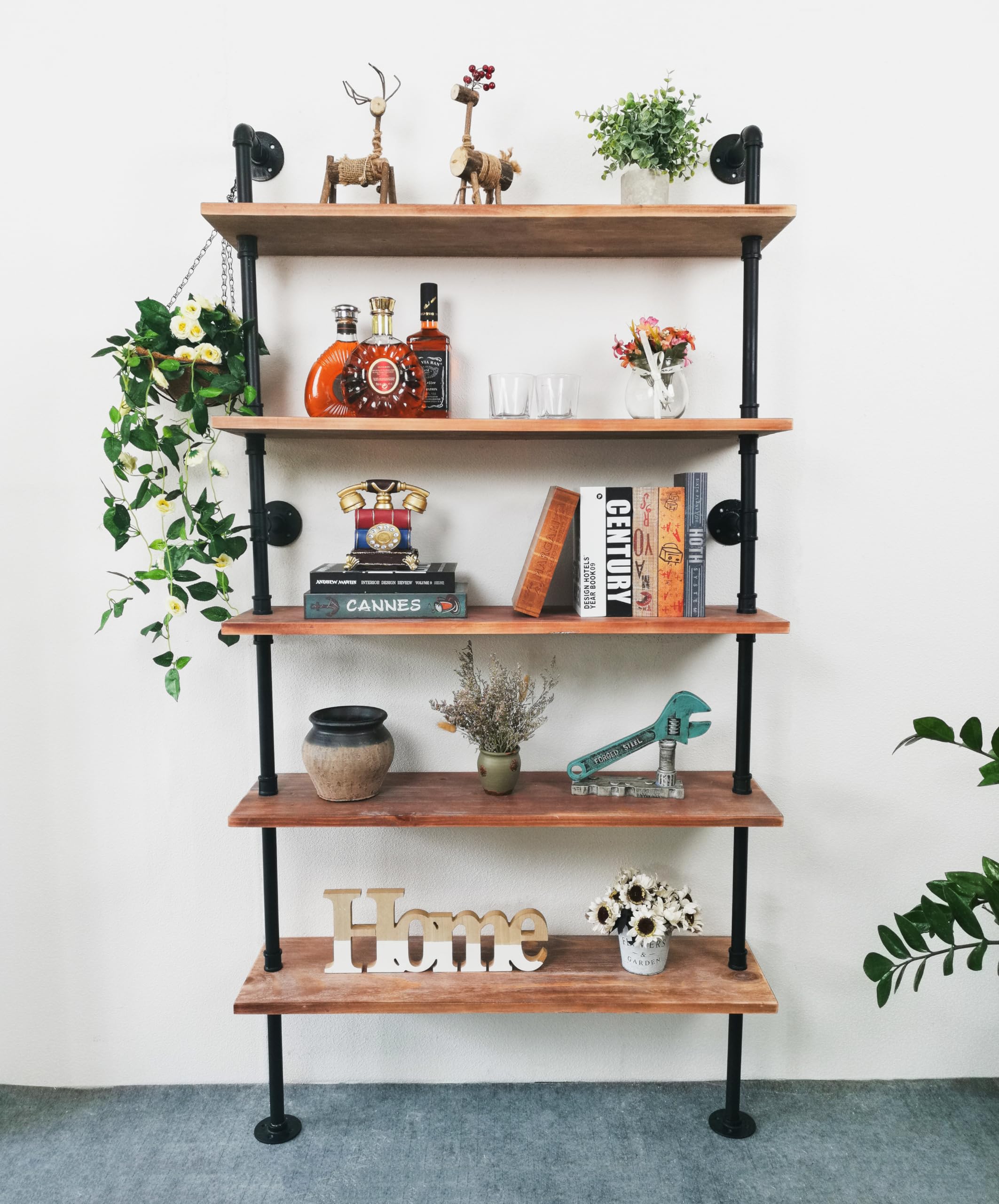 Anynice 5 Tier Industrial Ladder Shelf Bookcase, Wall Mounted Wood Metal Pipe Rustic Bookshelf for Living Room (Weathered Brown,