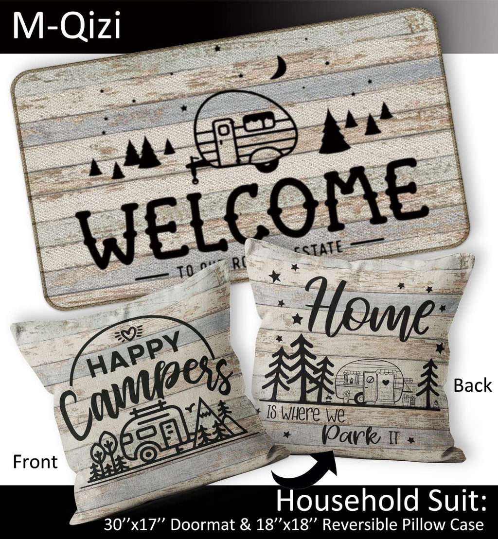 Camping Doormat Pillow Cover Set - 30'X 17' Camping Door Mat, 18   X 18    Camper Pillows Cover, Rv Door Mat, Rv Decorations F