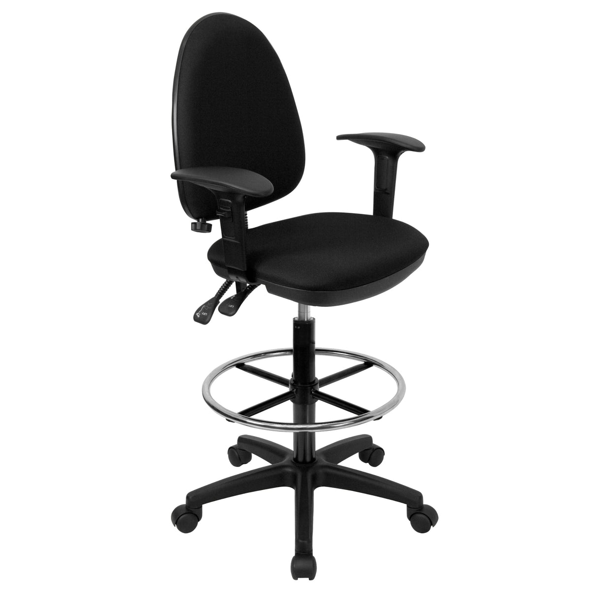 Flash Furniture Lenora Mid-Back Black Fabric Multifunction Ergonomic Drafting Chair with Adjustable Lumbar Support and Adjustable Arms