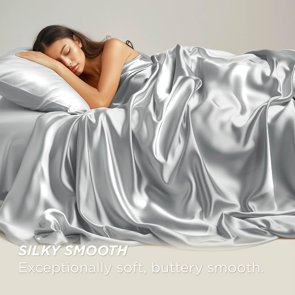 Bedsure Satin Sheets Queen Size - Similar To Silk Sheets, Silky Bedsheet, Luxury & Ultra Soft, Non-Fading & Wrinkle Free, Good For Hair & Skin, Gifts For Women, 4 Pieces, Silver Grey