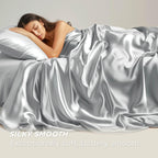 Bedsure Satin Sheets Queen Size - Similar To Silk Sheets, Silky Bedsheet, Luxury & Ultra Soft, Non-Fading & Wrinkle Free, Good For Hair & Skin, Gifts For Women, 4 Pieces, Silver Grey