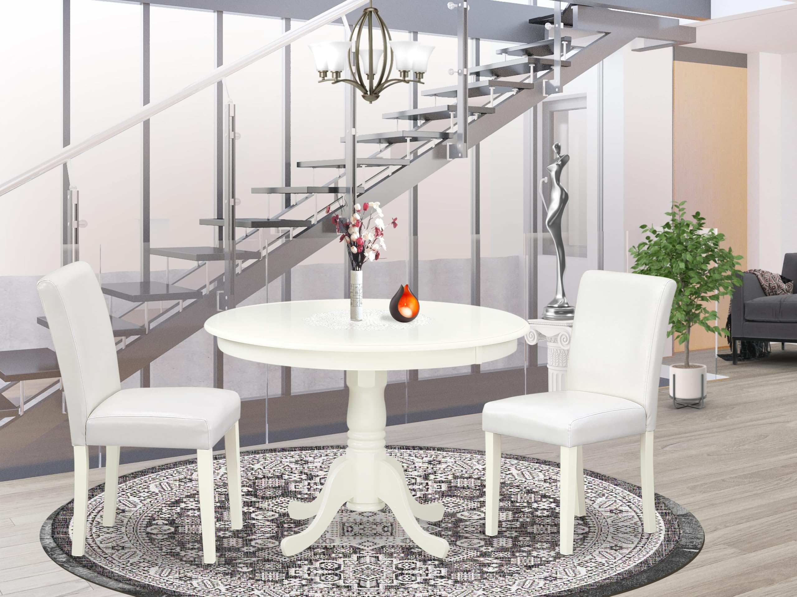 East West Furniture Hlab3-Lwh-64 3 Piece Kitchen Table Set For Small Spaces Contains A Round Dining Table With Pedestal And 2 White Faux Leather Padded Chairs, 42X42 Inch, Linen White