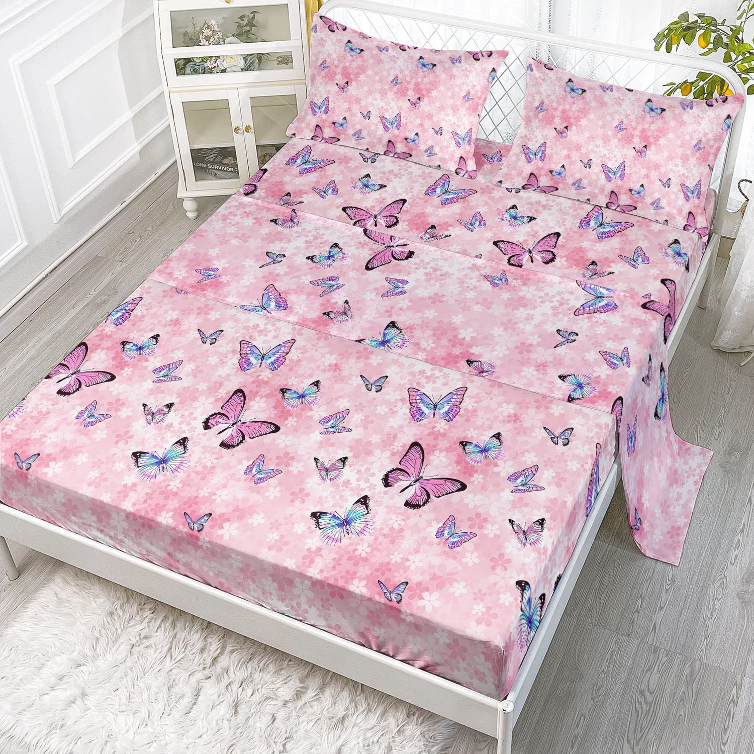 Datura Home Sheet Set 4Pcs Fitted And Flat Girls Pink Flower Butterfly Printed With 1 + 2 Pillowcases For (Pink Flower Butterfly