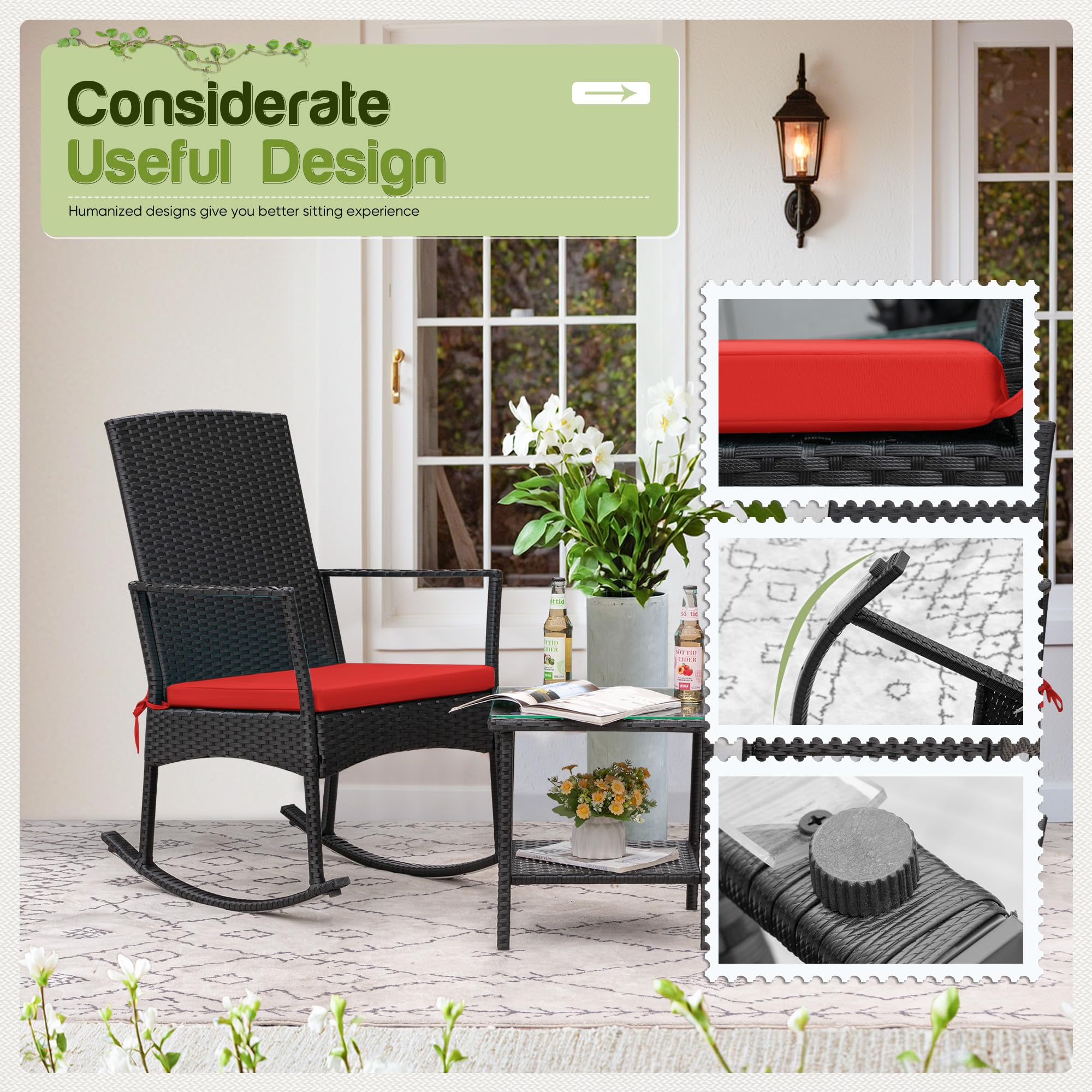 Flamaker Rocking Chair Outdoor Pe Rattan Patio Chairs With Glass Table High Back Porch Rocker For Balcony, Garden, Backyard (Red)