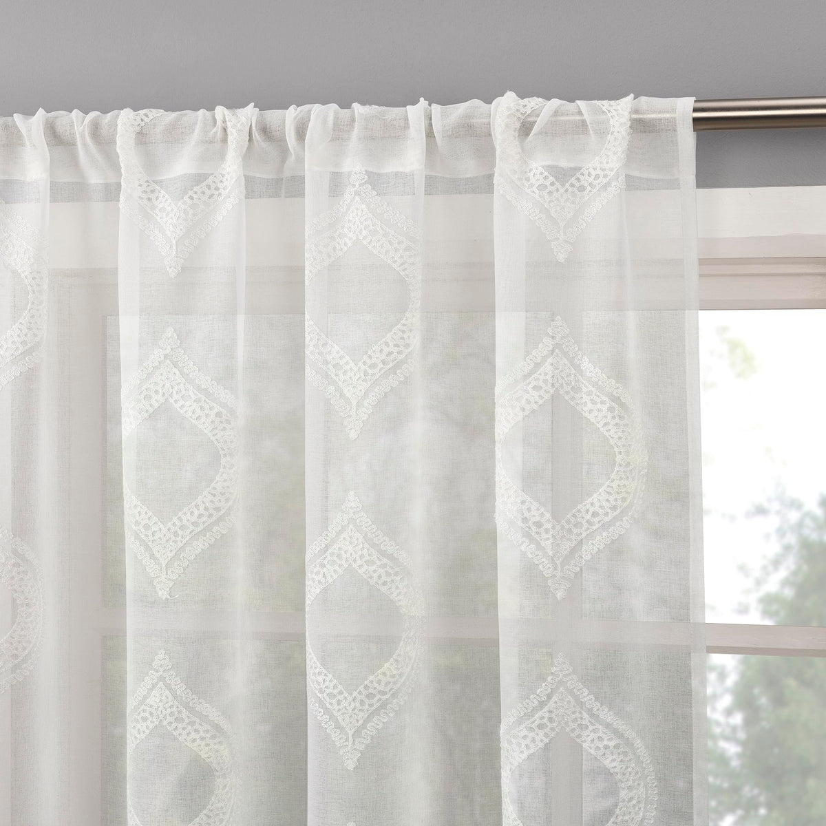 No. 918 Ramona Embroidered Medallion Sheer Rod Pocket Curtain Panel, White, 50 W x 63 L (1 Panel)