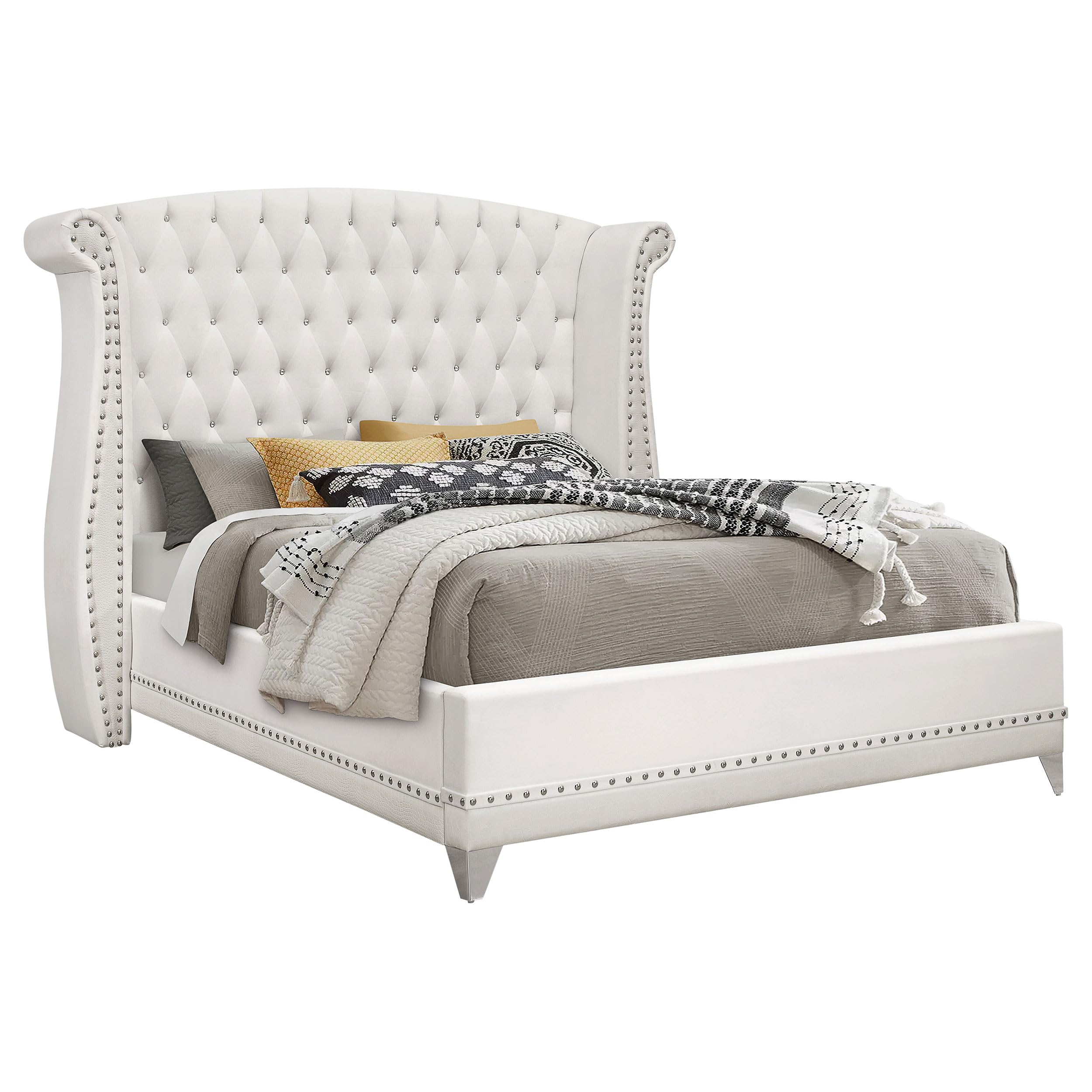 Coaster Home Furnishings Barzini Modern Classic 4-Piece Bedroom Set Velvet Upholstered Queen Size Wingback Bed Frame 63-inch Headboard White 300843Q-S4