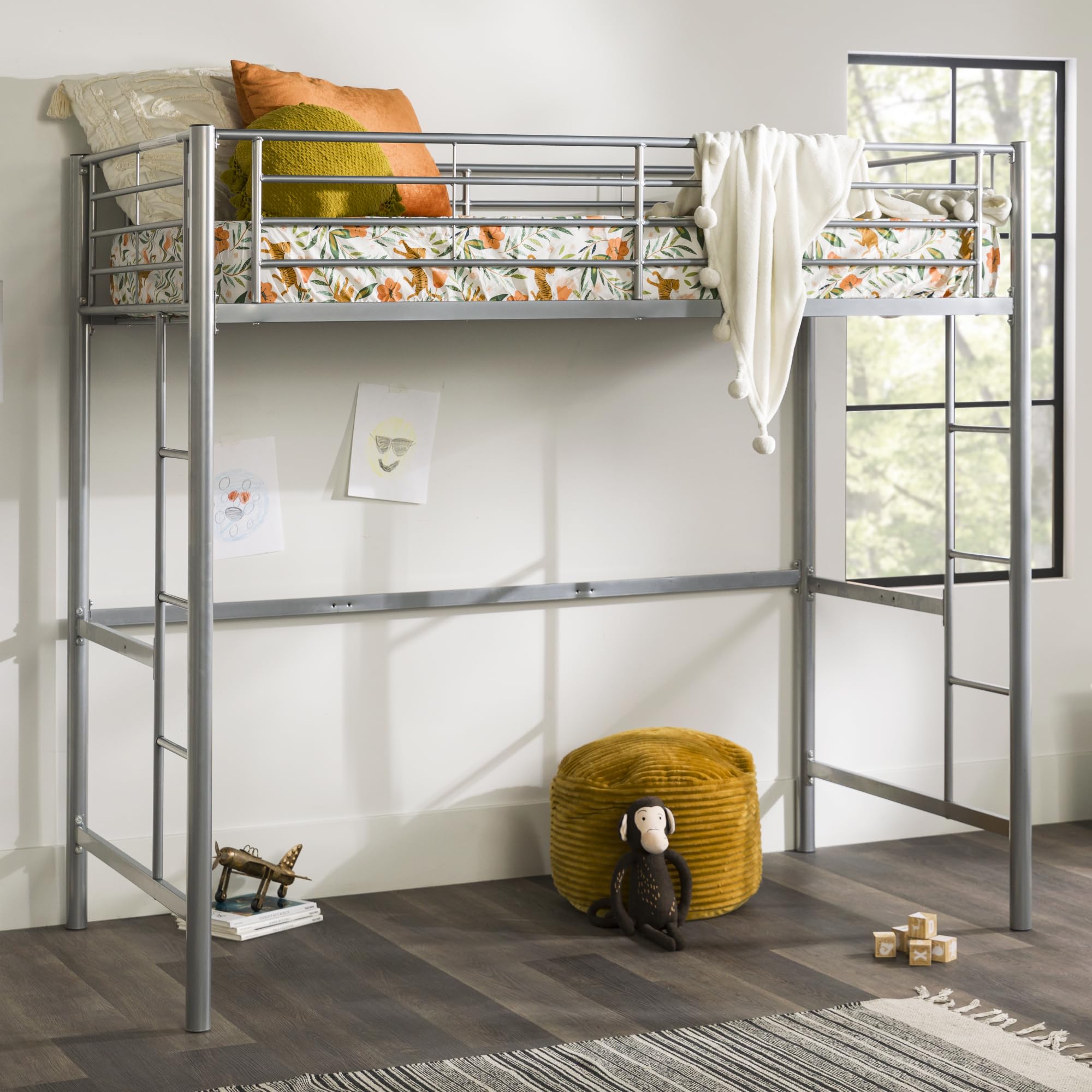 Walker Edison Silver Metal Twin Over Loft Bunk Bed Twin Size Bedframe With Ladder