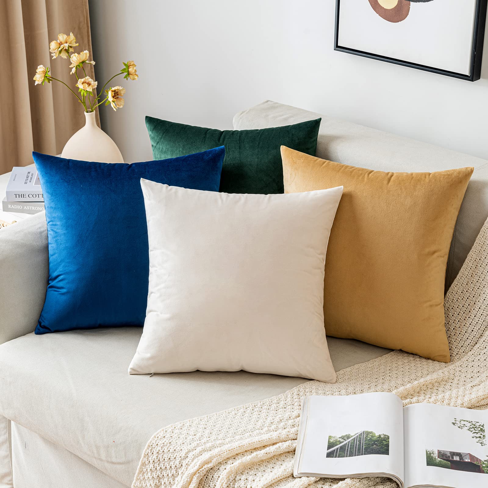 Emema Pack Of 2 Velvet Pillow Covers Decorative Square Pillowcase Soft Solid Cushion Case For Sofa Bedroom Car 16X16 Inch Cream