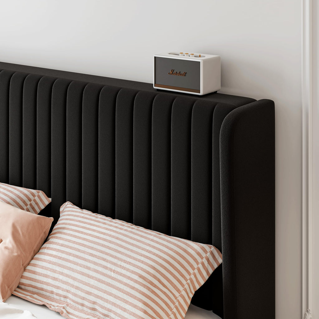 Sha Cerlin Queen Size Velvet Bed Frame With Vertical Channel Tufted Wingback Headboard, Upholstered Platform Bed With Wood Slats, No Box Spring Needed, Easy Assembly, Black