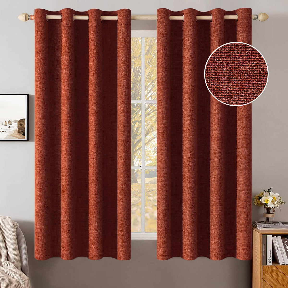 Miulee Linen Curtains For Bedroom 100% Blackout Thermal Insulated Burnt Orange Grommet Room Darkening Curtains & Drapes Rust Ter