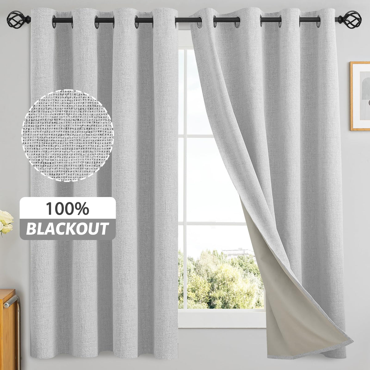 Yakamok White Linen Curtains 100% Blackout 63 Inches Long,Room Darkening Textured Curtains for Living Room Thermal Grommet Bedro