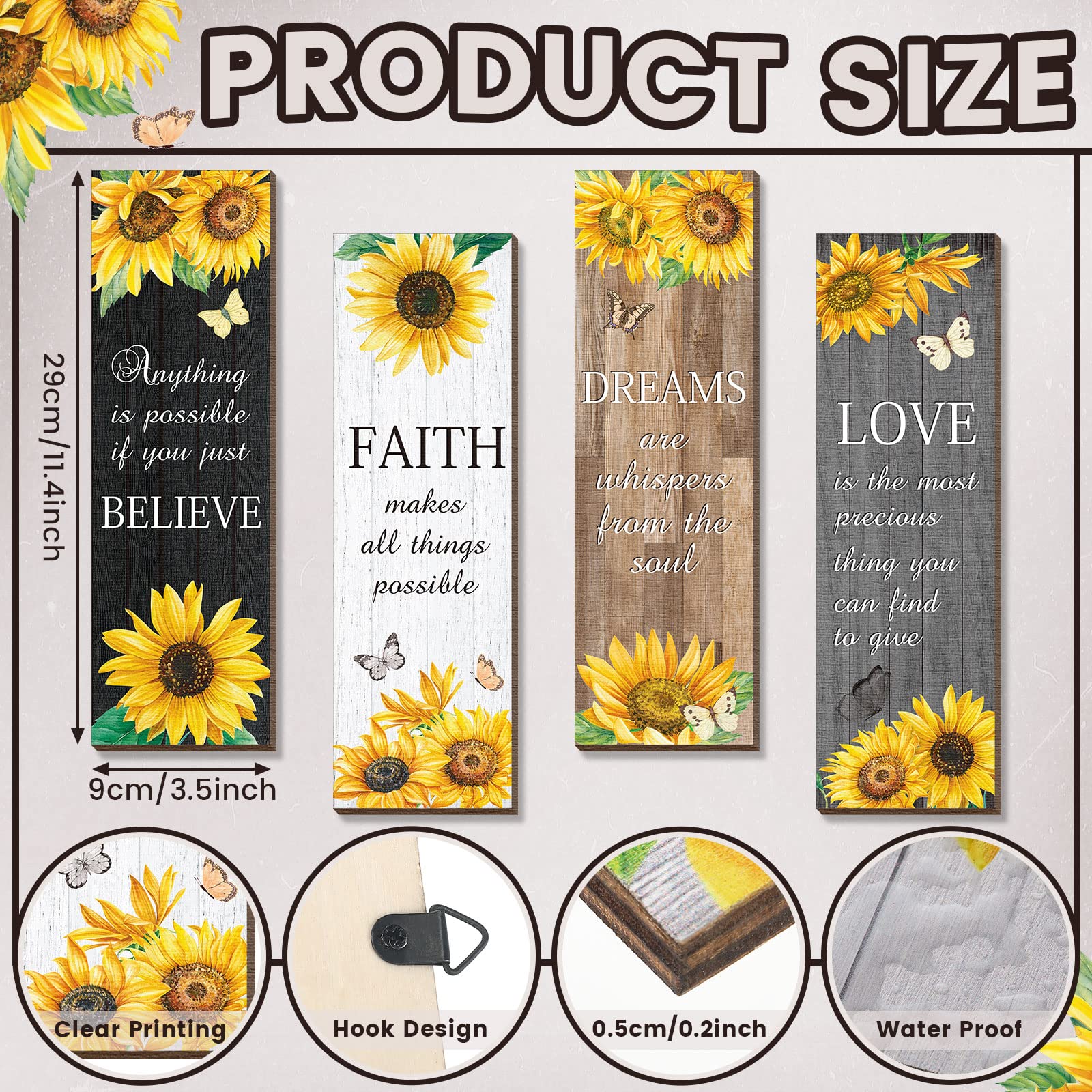 4 Pcs Sunflower Wall Decor Inspirational Sunflower Kitchen Decors Butterfly Gifts For Woman Rustic Farmhouse Love Faith Believe