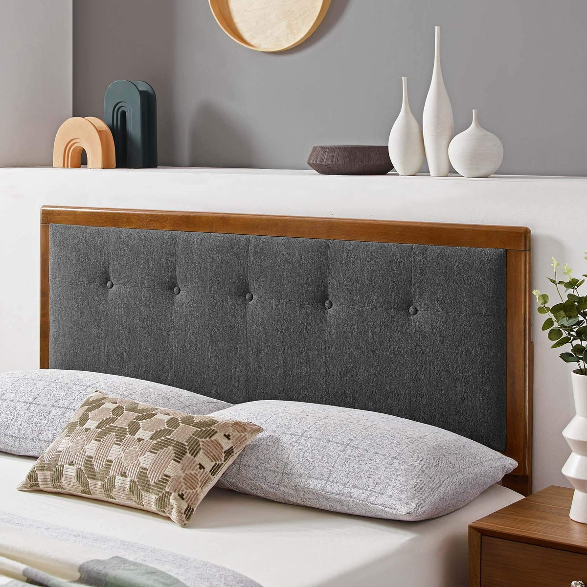 Modway Draper Tufted King Fabric And Wood Headboard In Walnut Charcoal