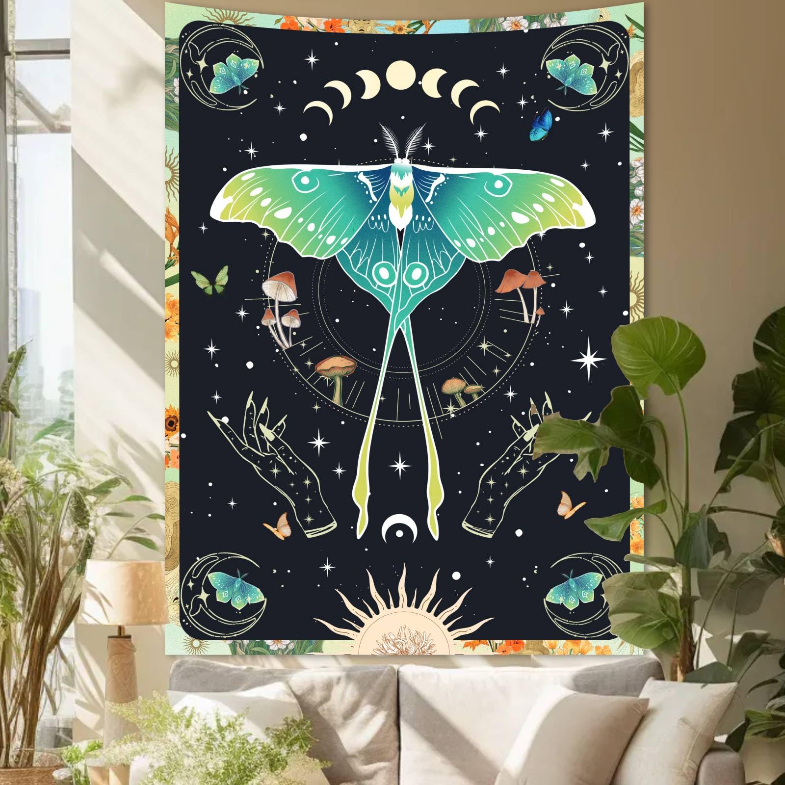 Apdidl Small Moth Tapestry Wall Hanging For Bedroom Aesthetic, Boho Retro Sun Moon Butterfly Tapestries, Black Luna Moth Sun Vin