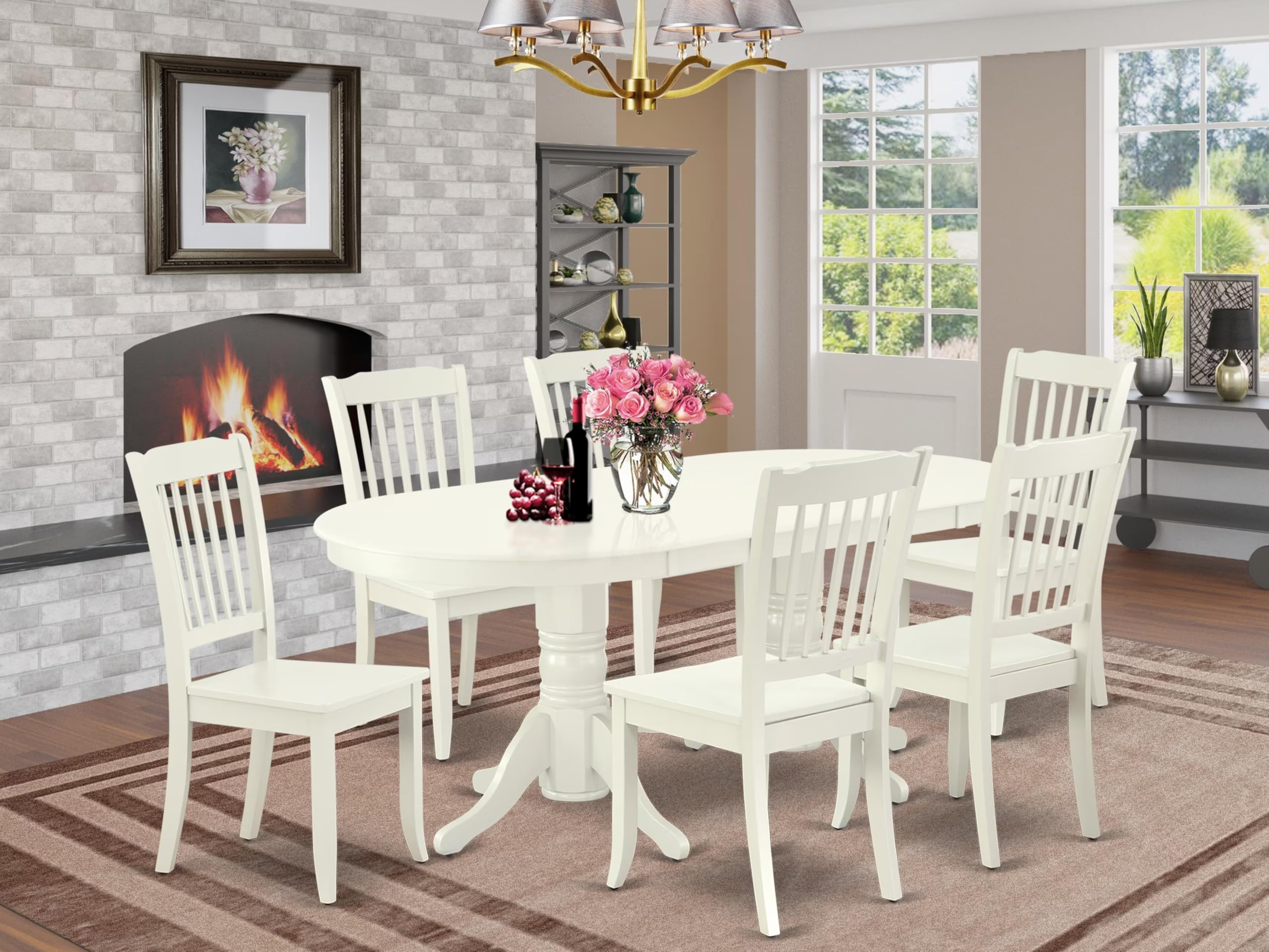 East West Furniture Vada7-Lwh-W 7 Piece Dining Table Set Consist Of An Oval Dining Room Table With Butterfly Leaf And 6 Wooden Seat Chairs, 40X76 Inch, Linen White