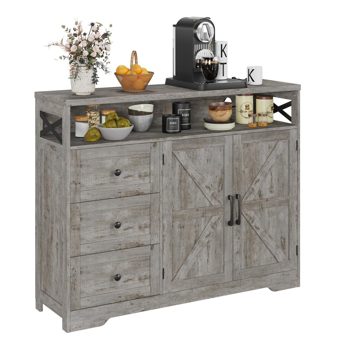 47''L Farmhouse Buffet Storage Cabinet With Drawers & Shelf, Sideboard With Storage, Kitchen Pantry Hutch Cabinet, Coffee Bar St