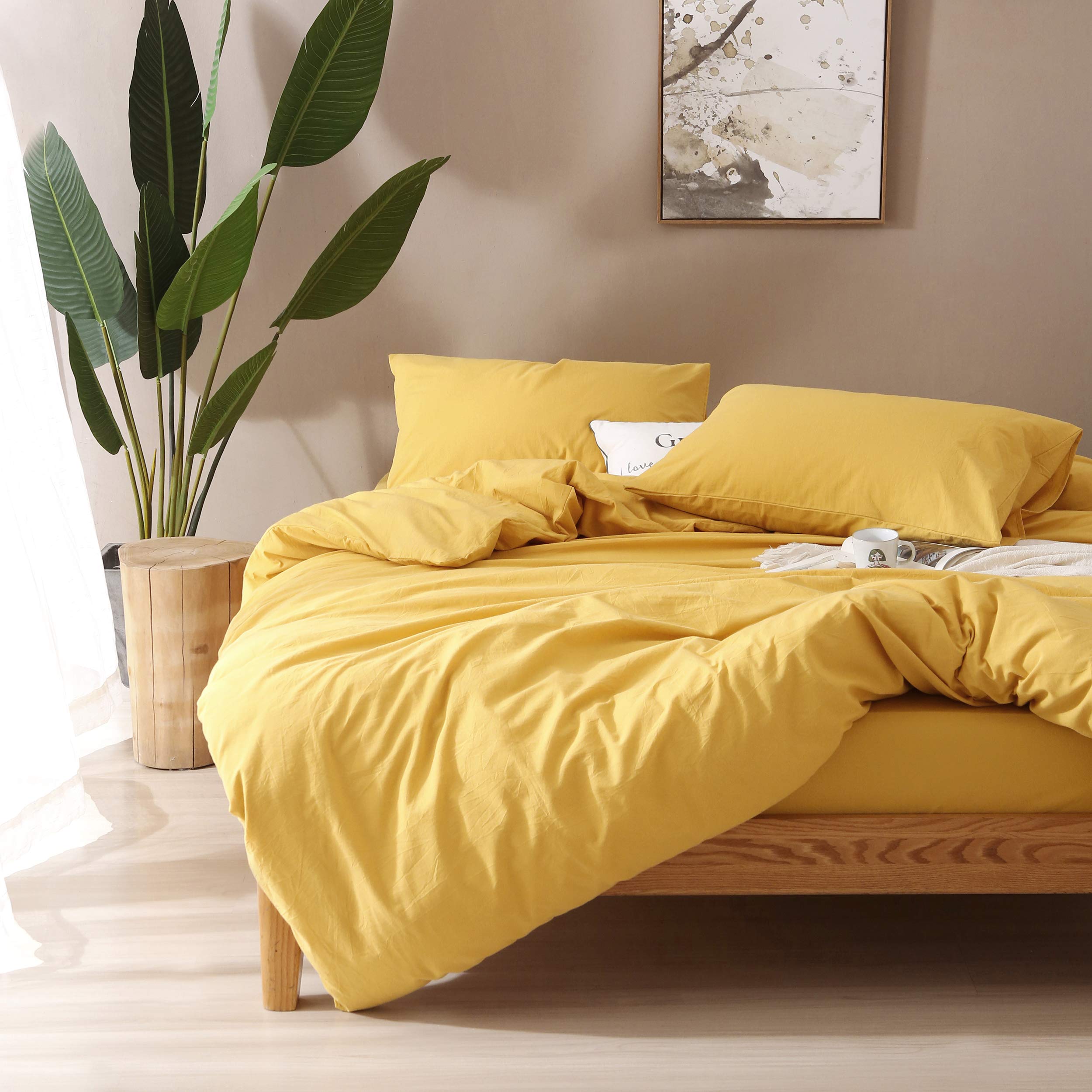 F.Y.Dreams 100% Washed Cotton Duvet Cover For Weighted Blanket 48X72 Inches With 8 Ties, Zipper On Long Side/Yellow/Just Duvet C