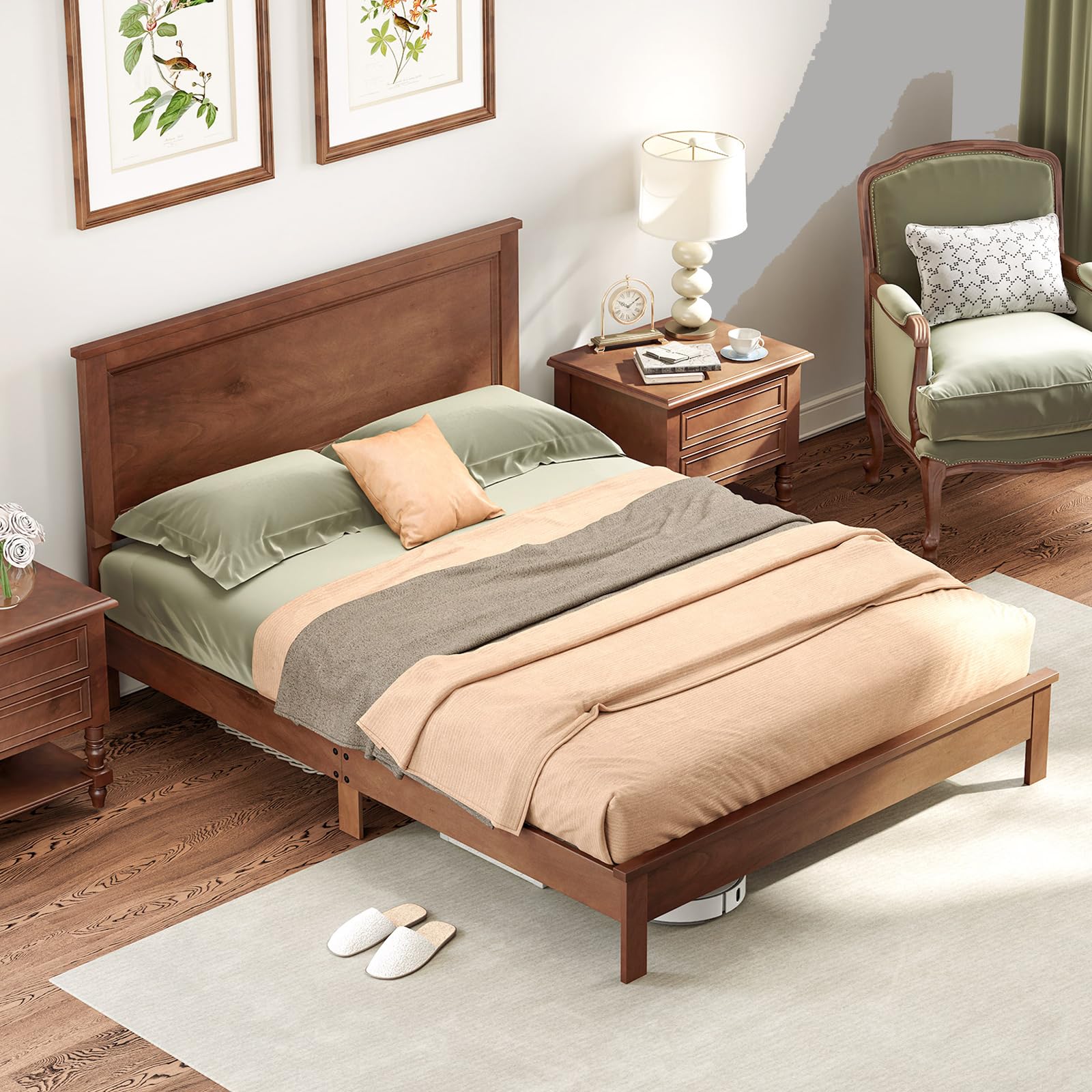 Giantex Wood Queen Platform Bed Frame with Headboard, Mid Century Bed Frame with Solid Wood Legs & Wooden Slat Support, No Box S