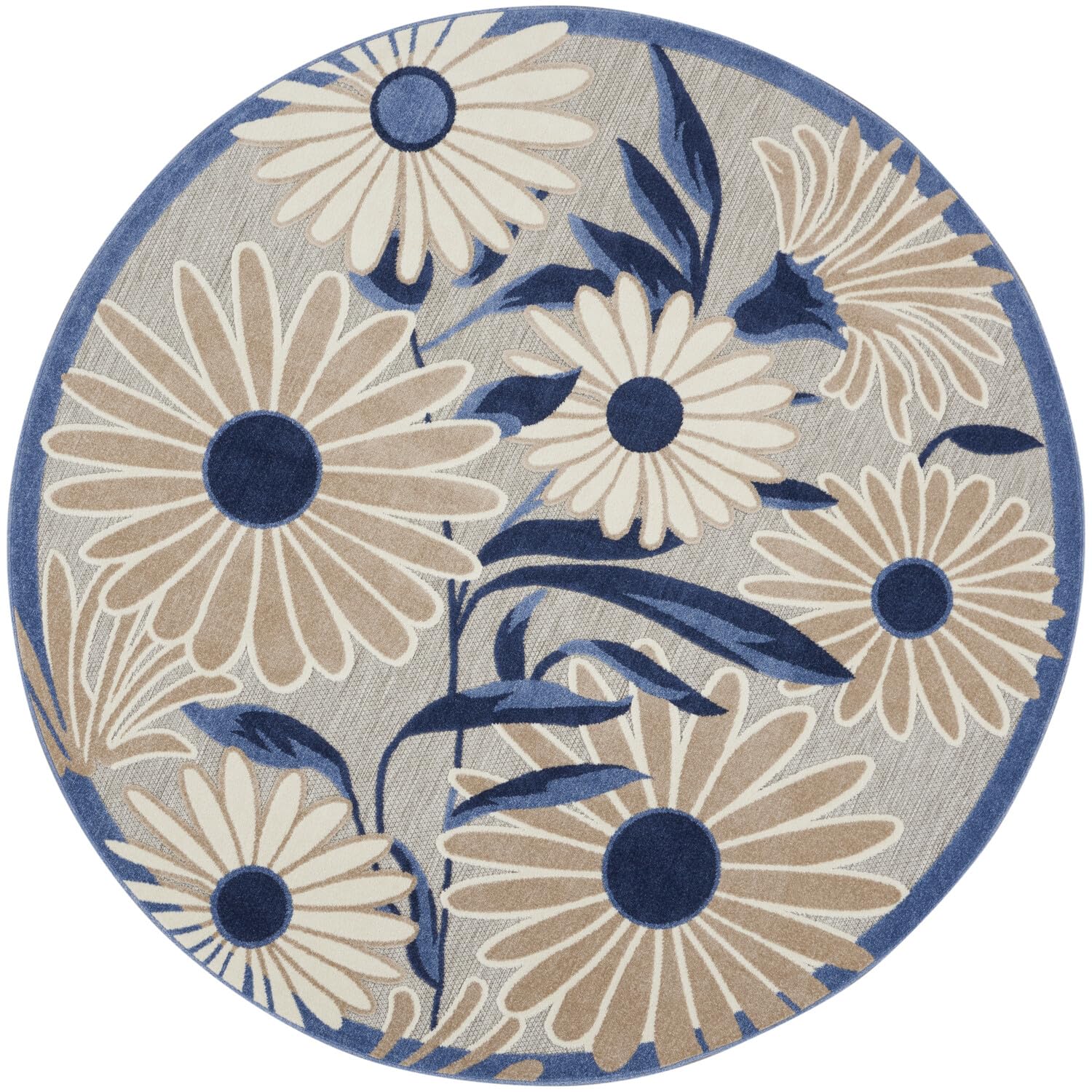 Nourison Aloha Outdoor Blue Grey 5'3' X Round Area Rug, Easy Cleaning, Non Shedding, Bed Room, Living Room, Dining Room, Deck, Backyard, Patio (5 Round)