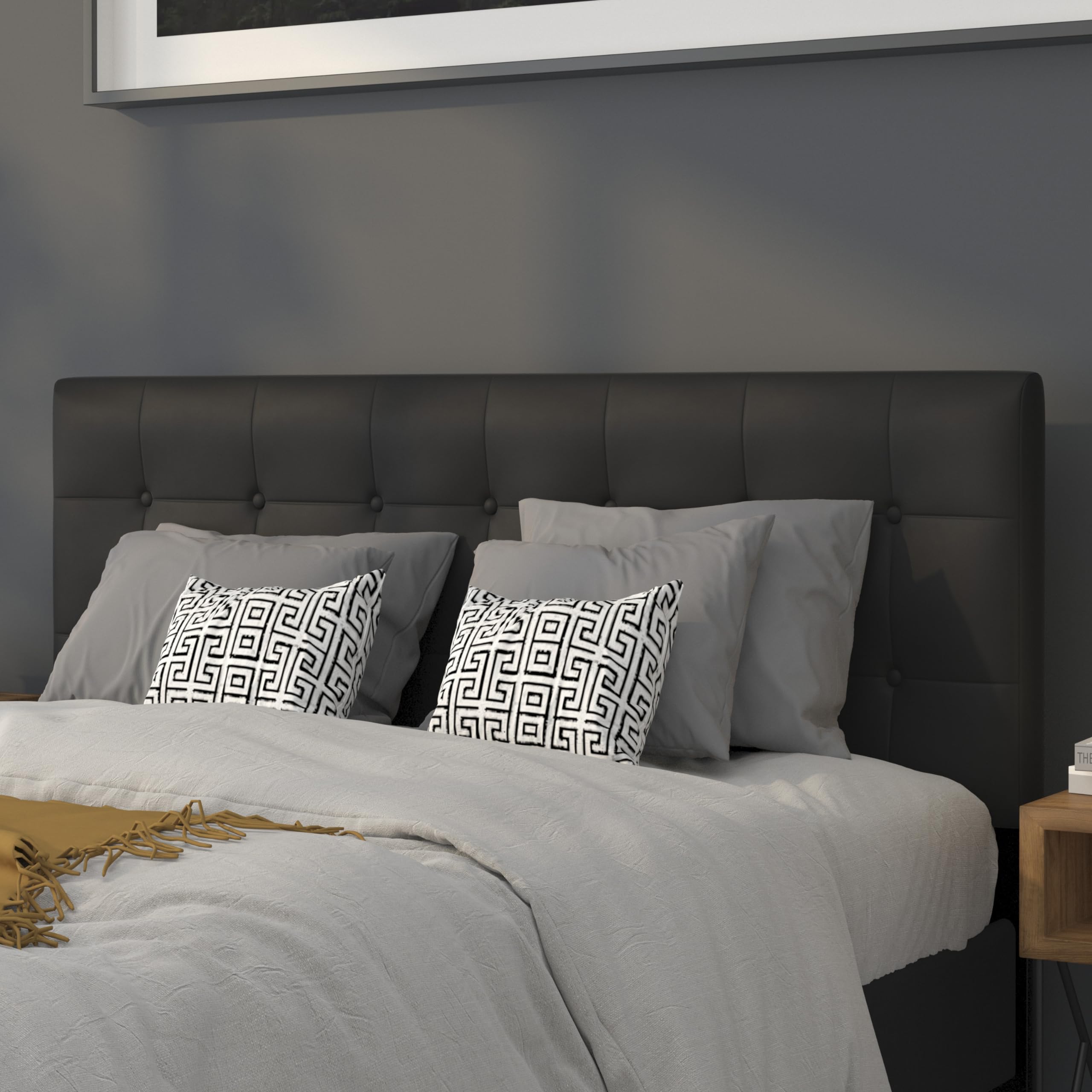 Flash Furniture Lennox Tufted Upholstered Headboard For Queen Size Bed, Contemporary Vinyl Tufted Headboard With Adjustable Height, Black