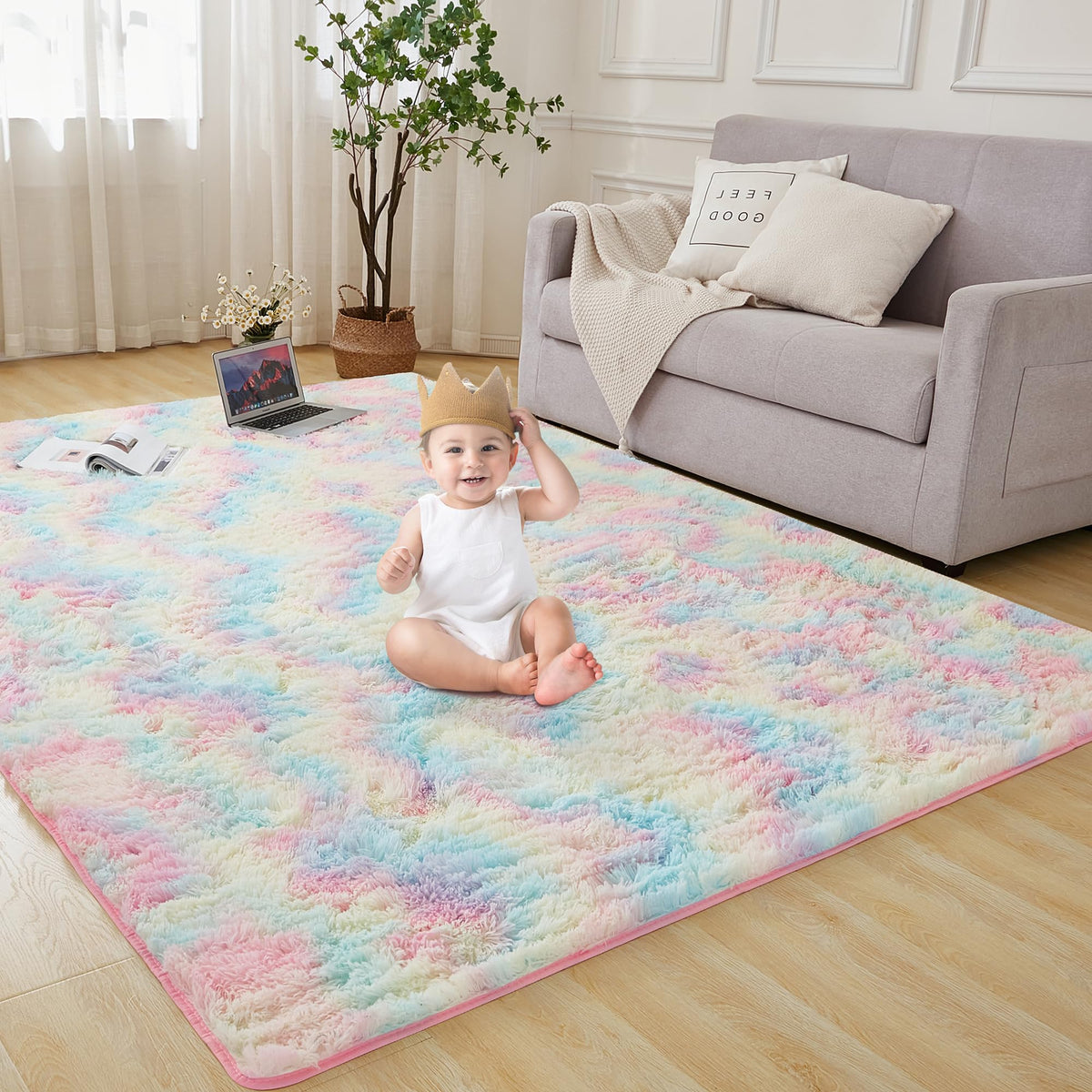 Andency 4X6 Shag Area Rug For Living Room, Rainbow Soft Fuzzy Plush Indoor Carpets For Bedroom, Non Skid Fluffy Faux Fur Rug For Nursery Kids Boys Girls Room