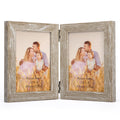 Lyeasw Double Hinged 3.5x5 Picture Frame, Rustic Two Opening 3.5 by 5 Photo Frame with Glass, Beige Folding Frame for Tabletop o