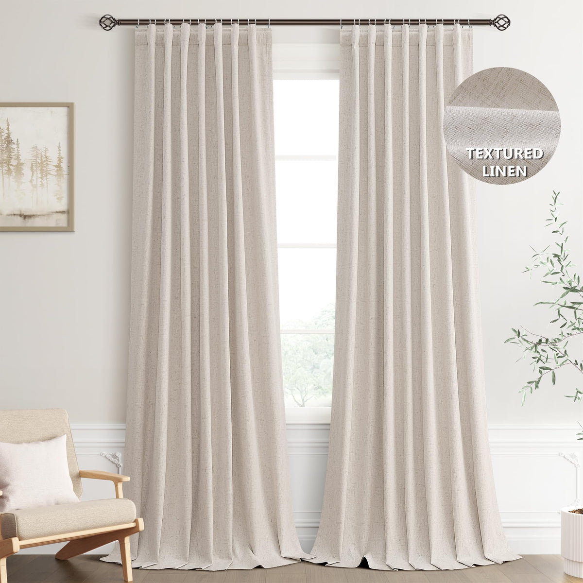 Joywell Sand Linen 100% Blackout Curtains 102 Inch Long, Rod Pocket/Back Tab/Hook Belt/Clip Rings,Thermal Insulated Drapes For Bedroom Living Room Ivory With Hooks(2 Panels,52 X 102,Sand Beige)
