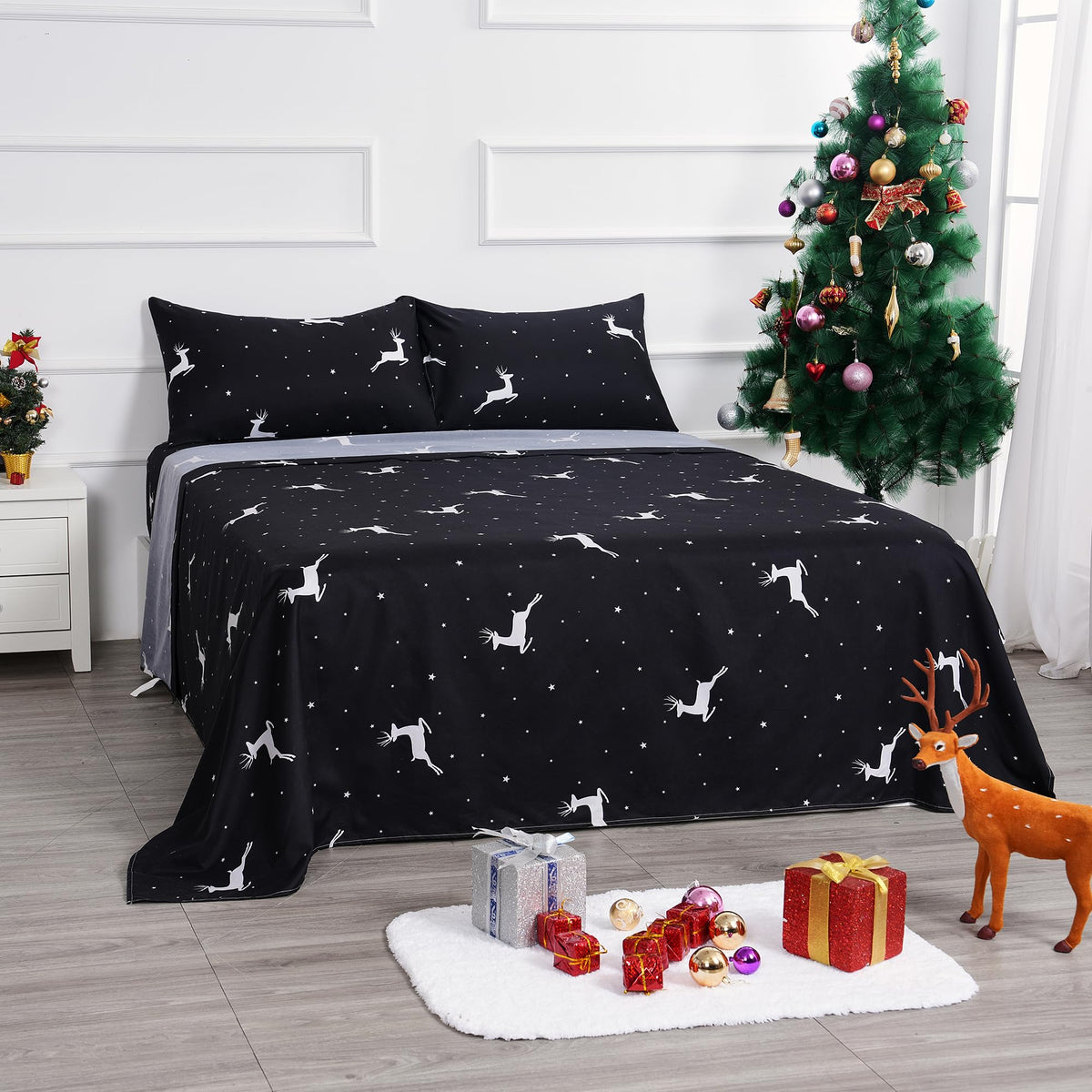 Bed Sheet Set - 4 Piece Queen Size - Reindeers/Stars Printed Christmas Decor - Soft Durable Microfiber Bedding Sheet Set,Deep Po