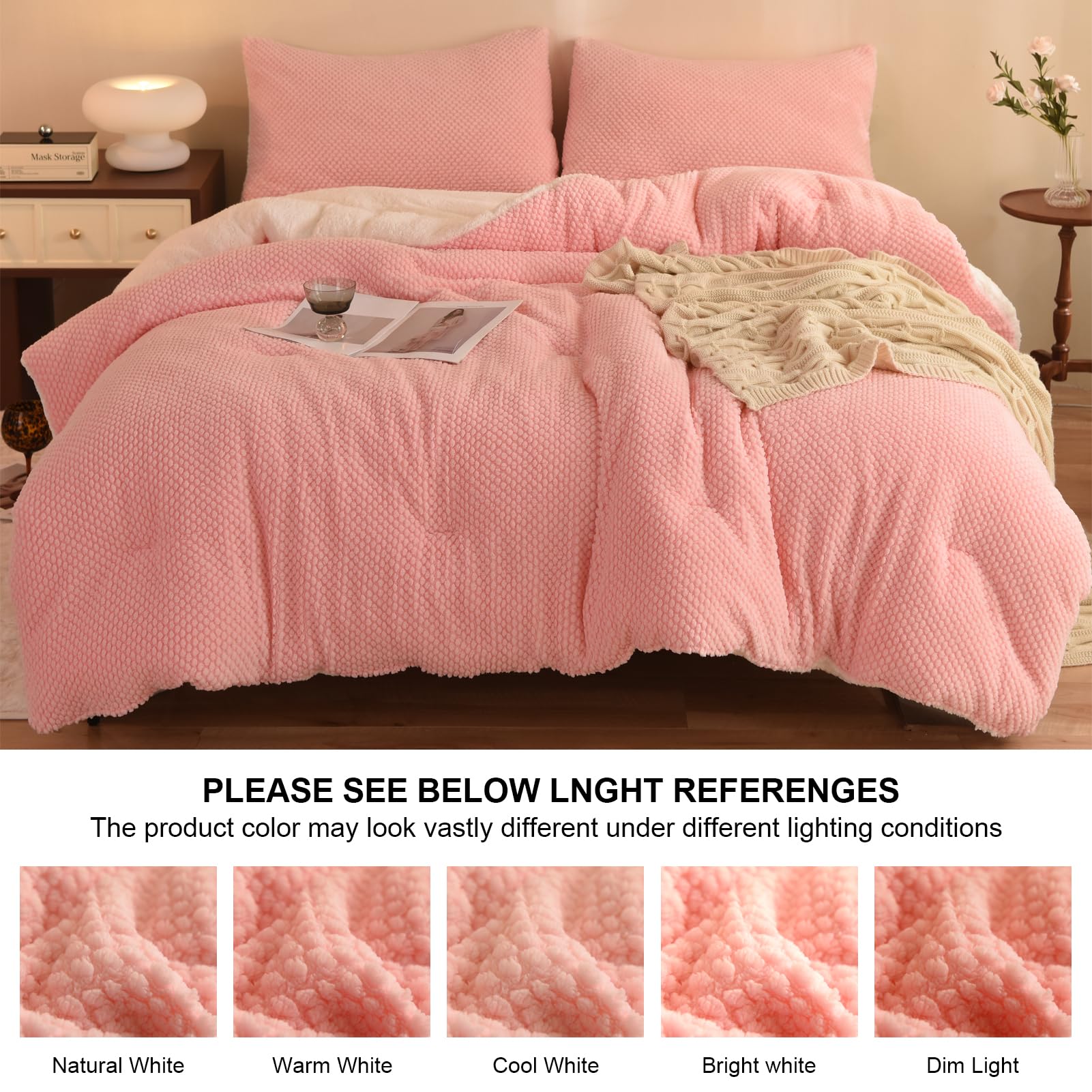 Llancl 3D Jacquard Design Comforter Set, Ultra-Soft Warm Queen Size Sherpa Fur Plush 3-Pieces Sets Luxury Cozy Bedding With 2 Pi
