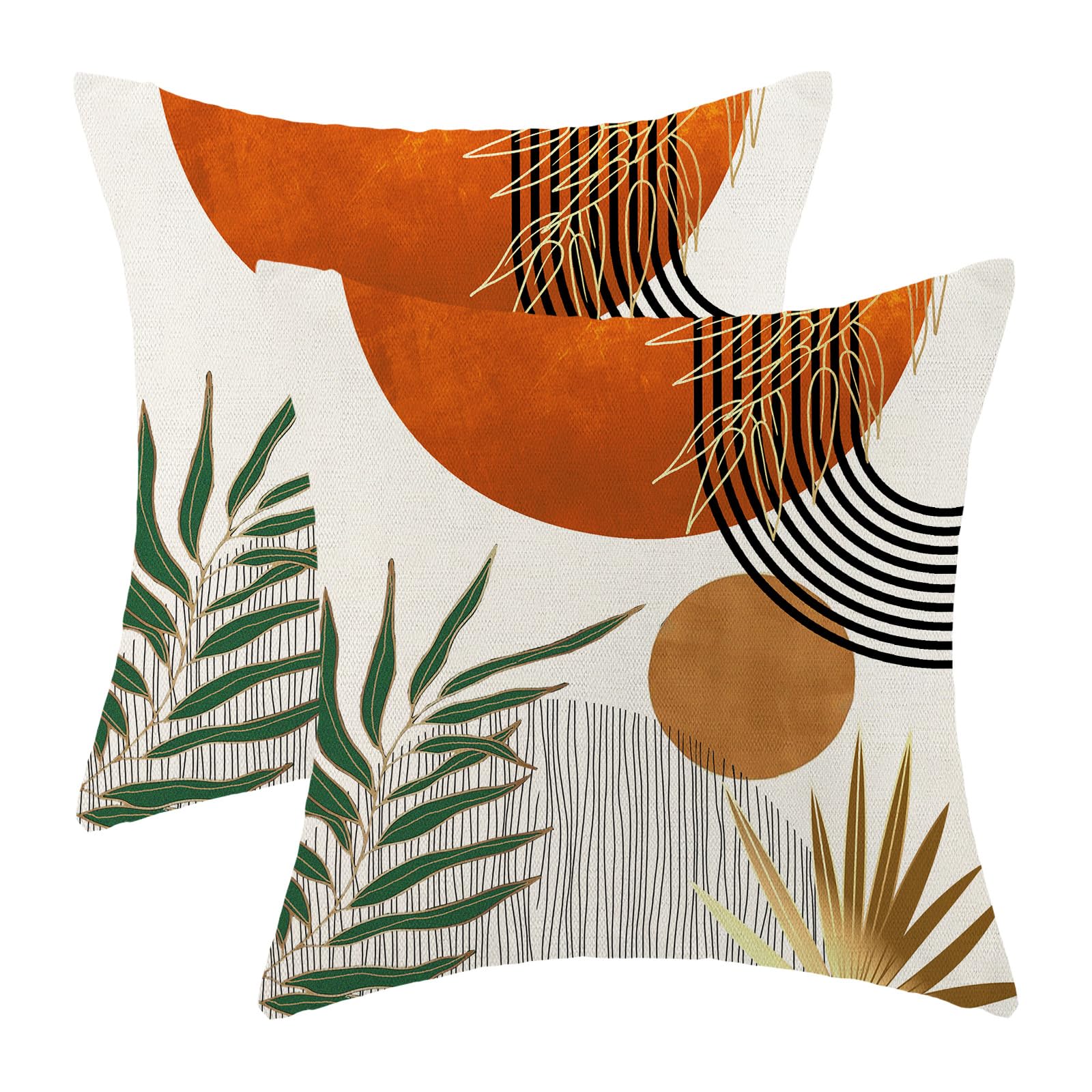 Boho Pillow Covers 18X18 Set Of 2 Abstract Green Orange Gold Sunset Throw Pillow Cover Outdoor Decoration Mid Century Bohemian S